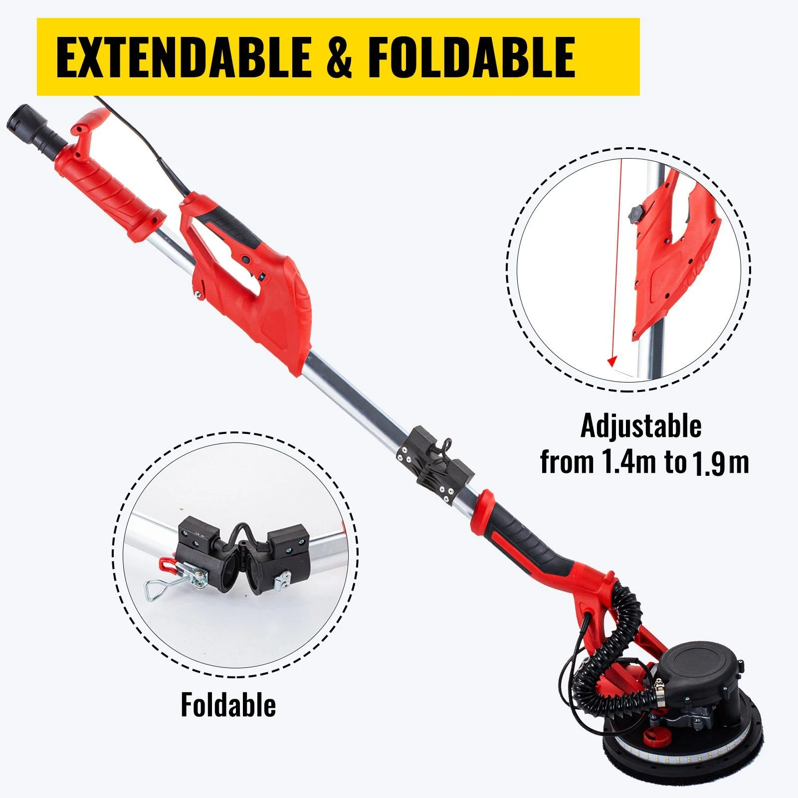 Drywall Sander 850W, Electric Drywall Sander, Electric Sander, with LED Strip Light and Vacuum Bag, Variable Speed 800-1750 RPM, Foldable Sheetrock Sander, with Telescope Handle, Wall Sander
