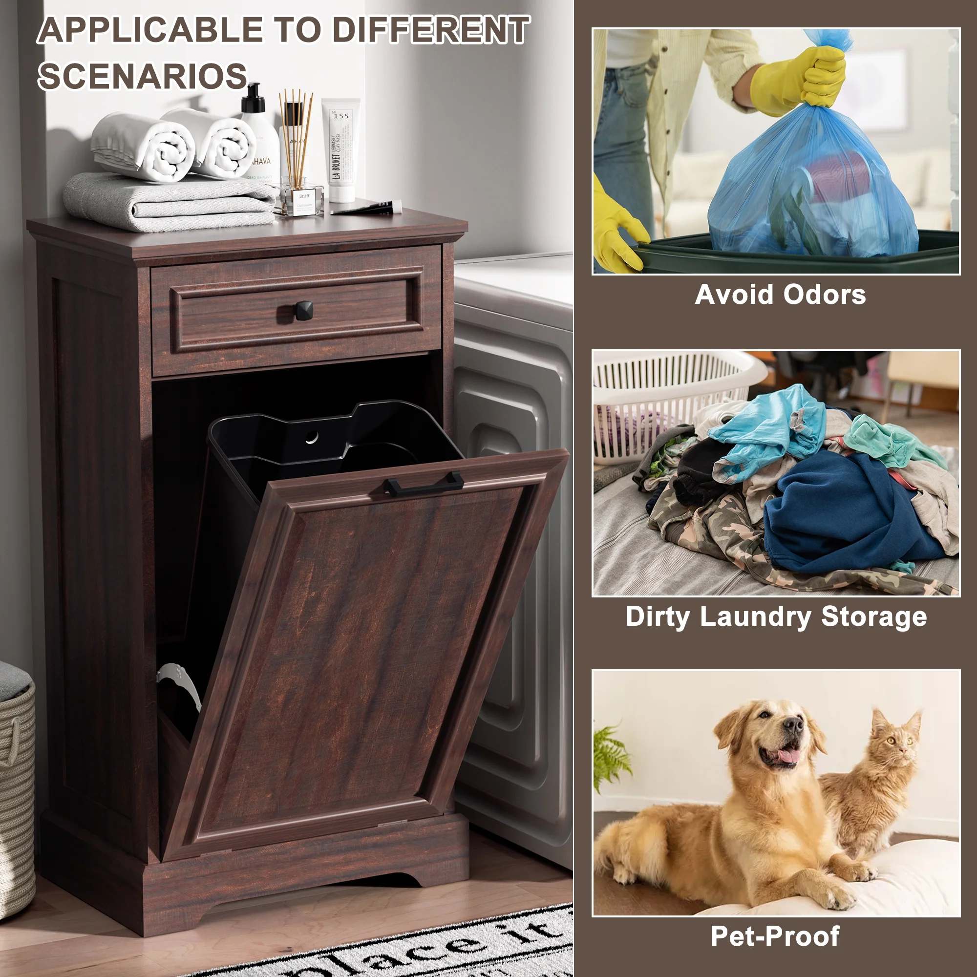 HARIPUL Single Tilt Out Trash Cabinet for 13 Gallon Waste Bin, Free Standing Kitchen Trash Can Cabinet with Drawers, White