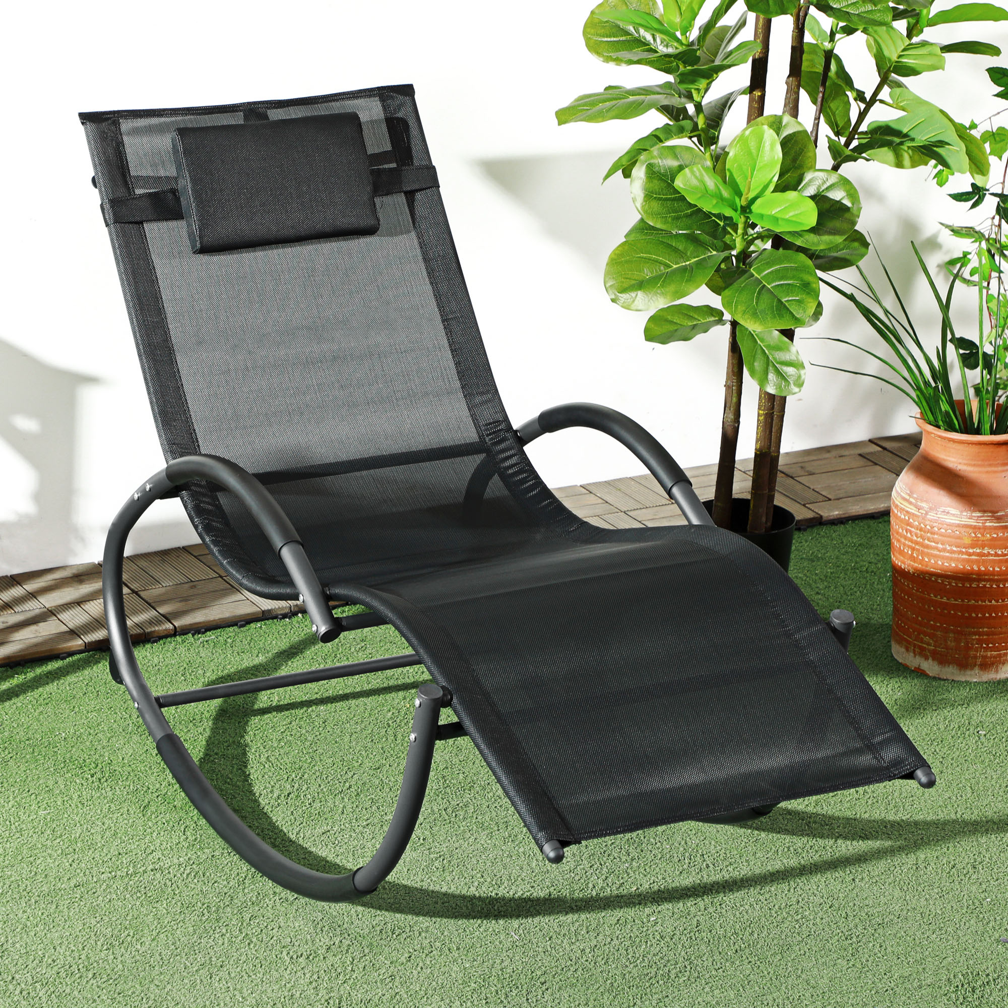 Outsunny Schaukelstuhl Gartenstuhl Liegestuhl, inkl. Kopfstütze, 155 cm x 61cm x 88 cm, Schwarz