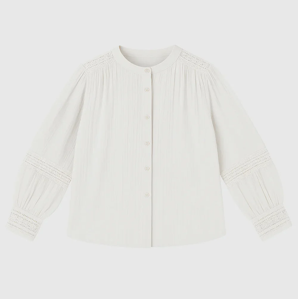 White Cotton Fine Gauge Embroidered Shirt by An��ge