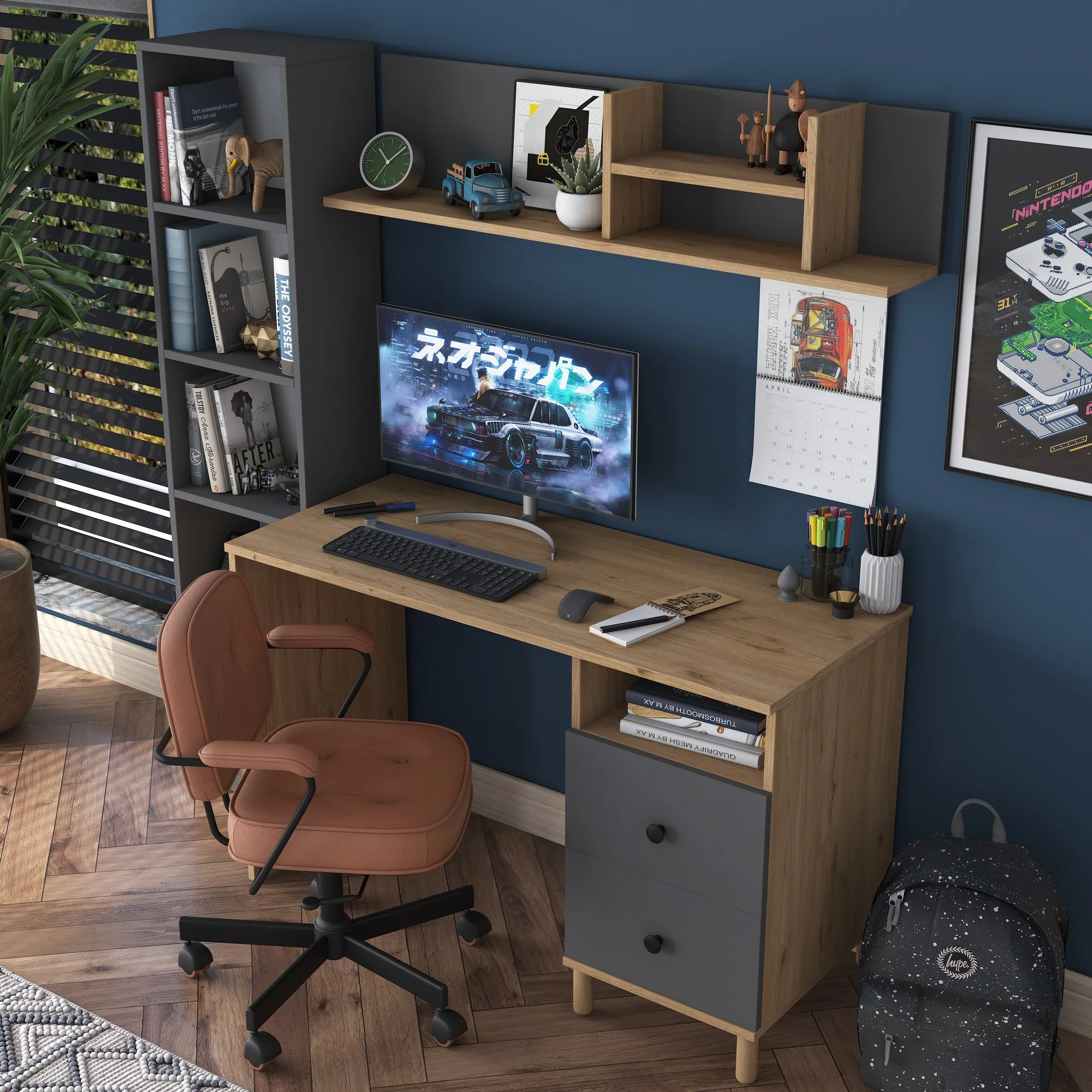 Composizione studio moderna con scrivania libreria e mensola antracite e naturale