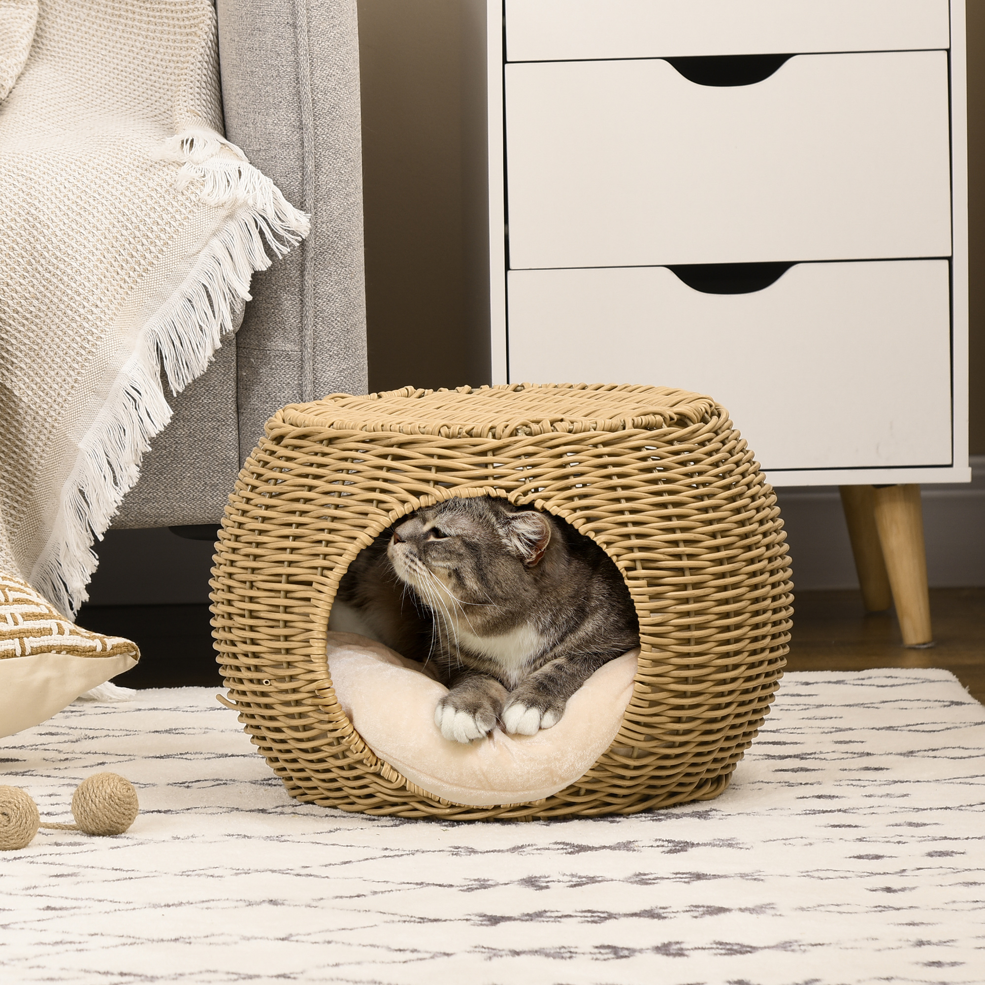 PawHut Katzenhaus Katzenkorb Katzenhöhle 2 Etagen aus geflochtener Kunstharz-Rattanoptik mit 1 weichem Kissen Ø 40 x 30 cm Hellbraun