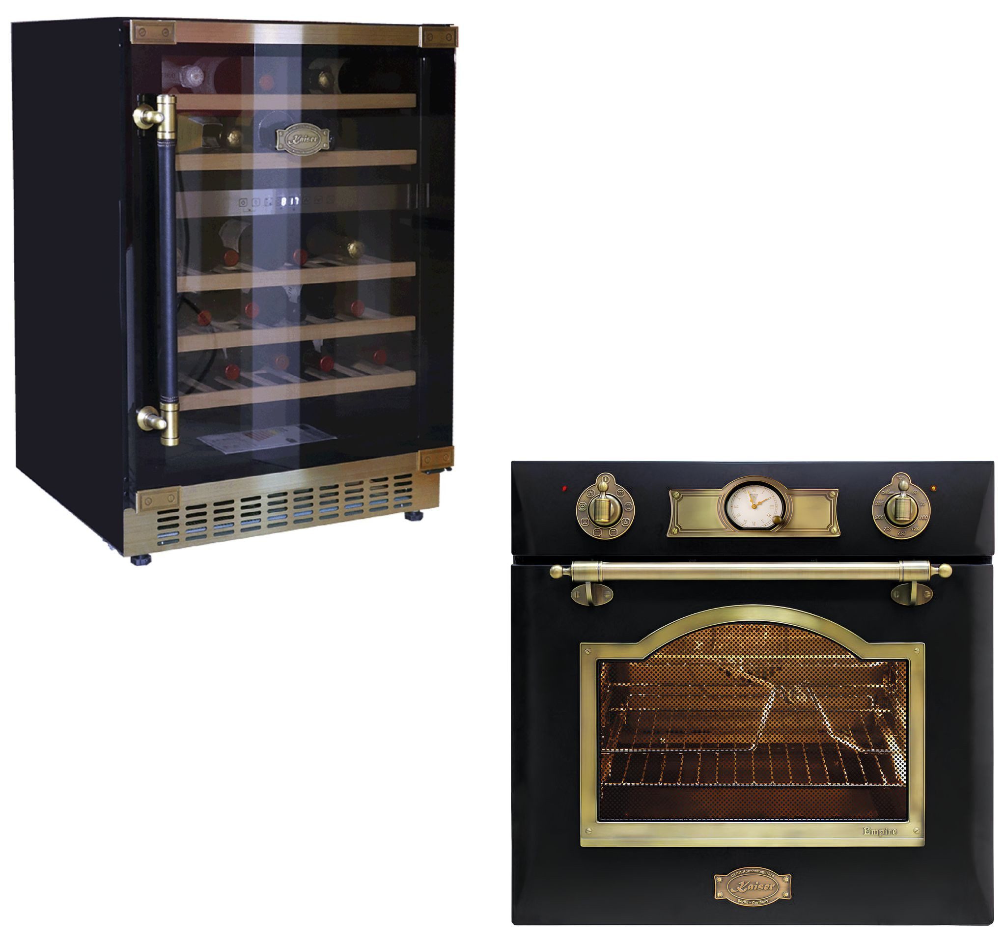 Backofen-Set Retro Elektro Einbau Backofen Autark 60cm 67L 8 Funktionen in Schwarz+Weinkühlschrank 145l 46 Weinflachen 2 Klimazonen Freistehend EH 6355 Em+K 64750 AD