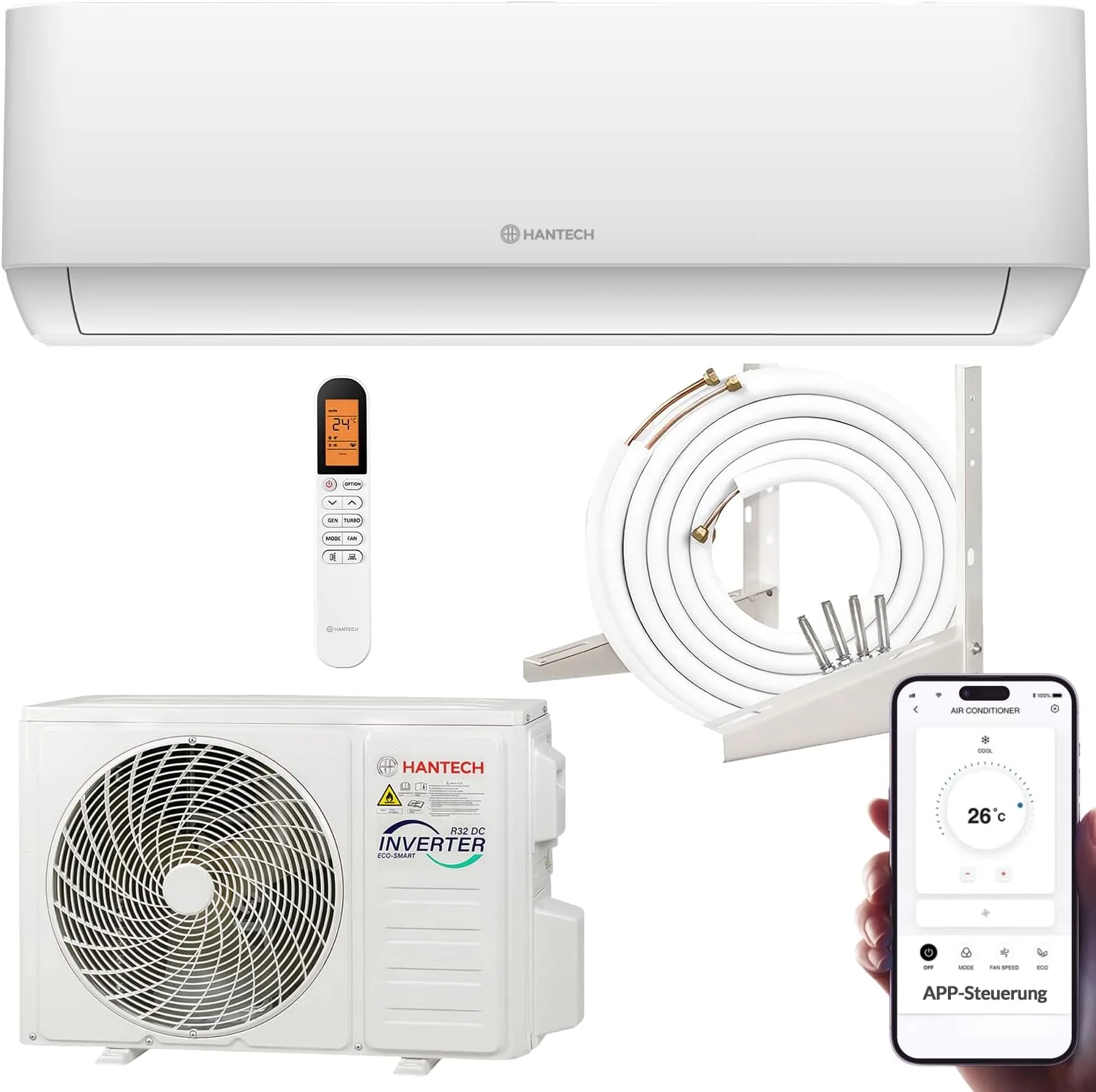 Split Klimaanlage 12000 BTU (bis 45m²) HANTECH H-PRO Heiz-&Kühlfunktion, Luftfilter, WIFI, Montagematerial weiß