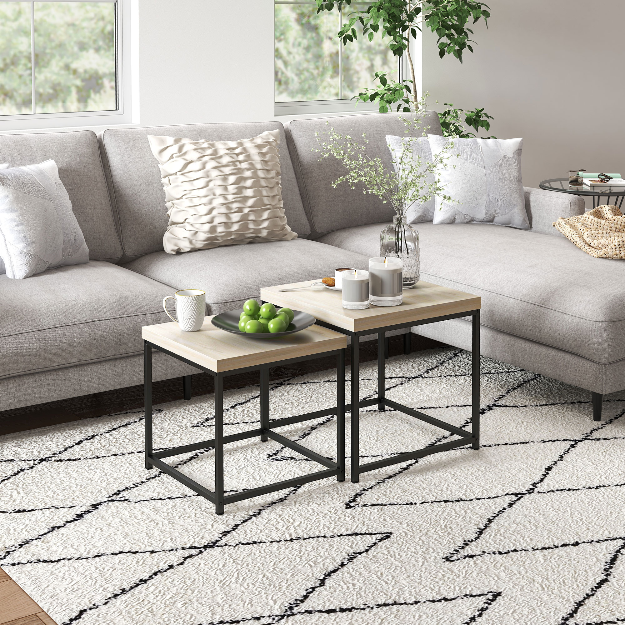 HOMCOM Set aus 2 ineinander stapelbaren Couchtischen quadratische Beistelltische Wohnzimmertische mit Stahlrahmen und Holzspanplatten