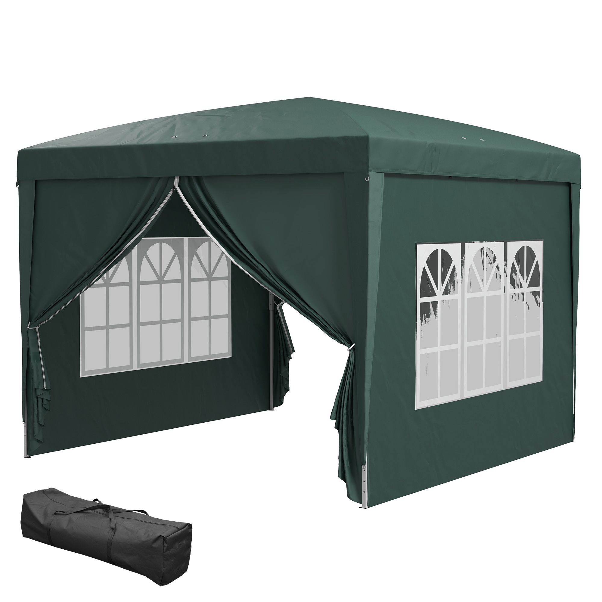 Outsunny 3 x 3 m Pavillon mit 4 Seitenwänden, Fenster, Festzelt mit UV-Schutz, Gartenzelt inkl. Tragetasche, Stahl, Grün