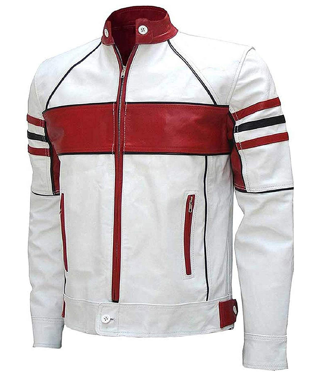 Mens White Biker Cafe Racer Leather Jacket