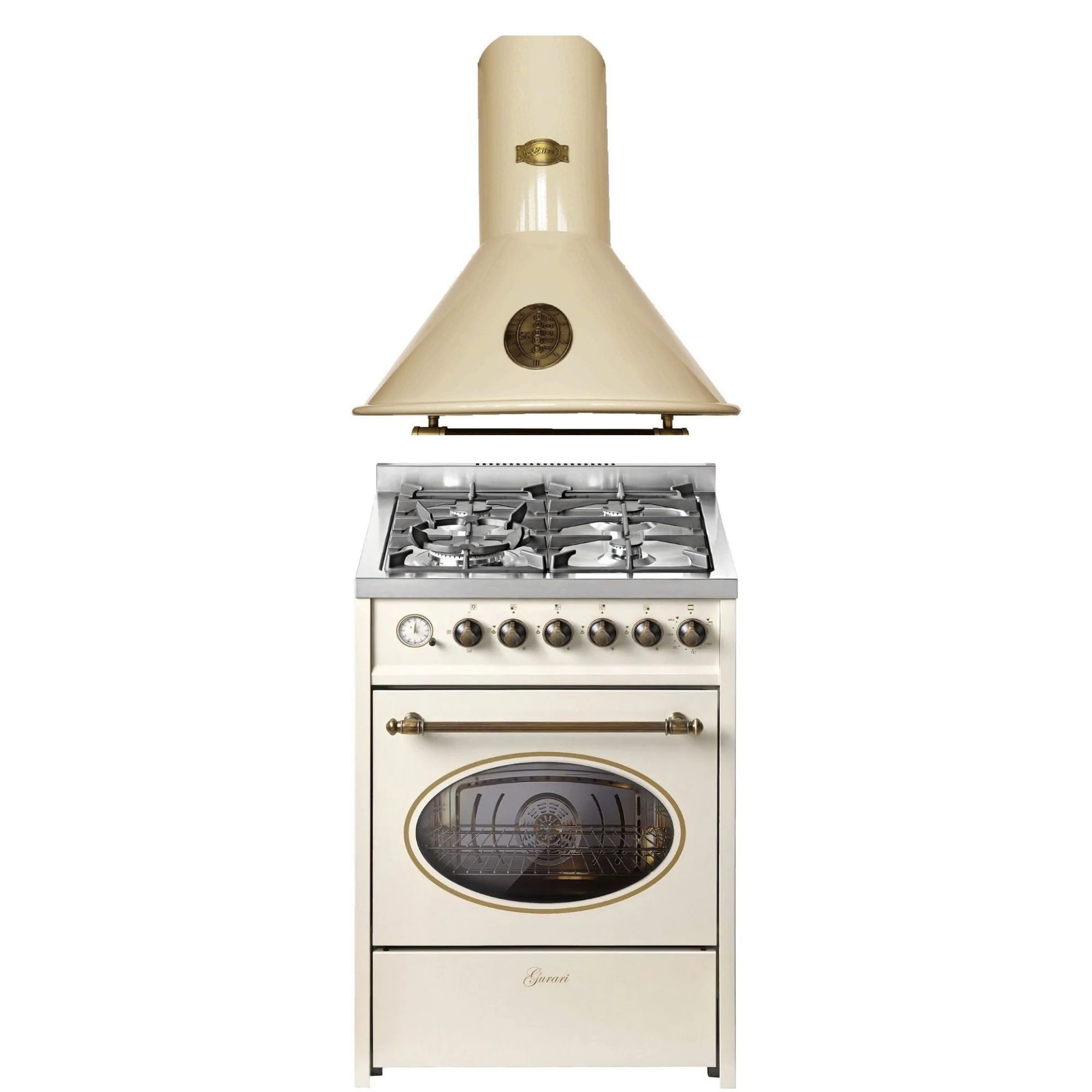 Gas-Standherd Gas Elektro Standherd 60 cm Erdgas Fl.Gas 4 Kw WOK mit Dunstabzugshaube 60 cm mit Metallelementen, Elfenbein, 910 m³/h E 614 Cr r+A 6423 ElfBE ECO