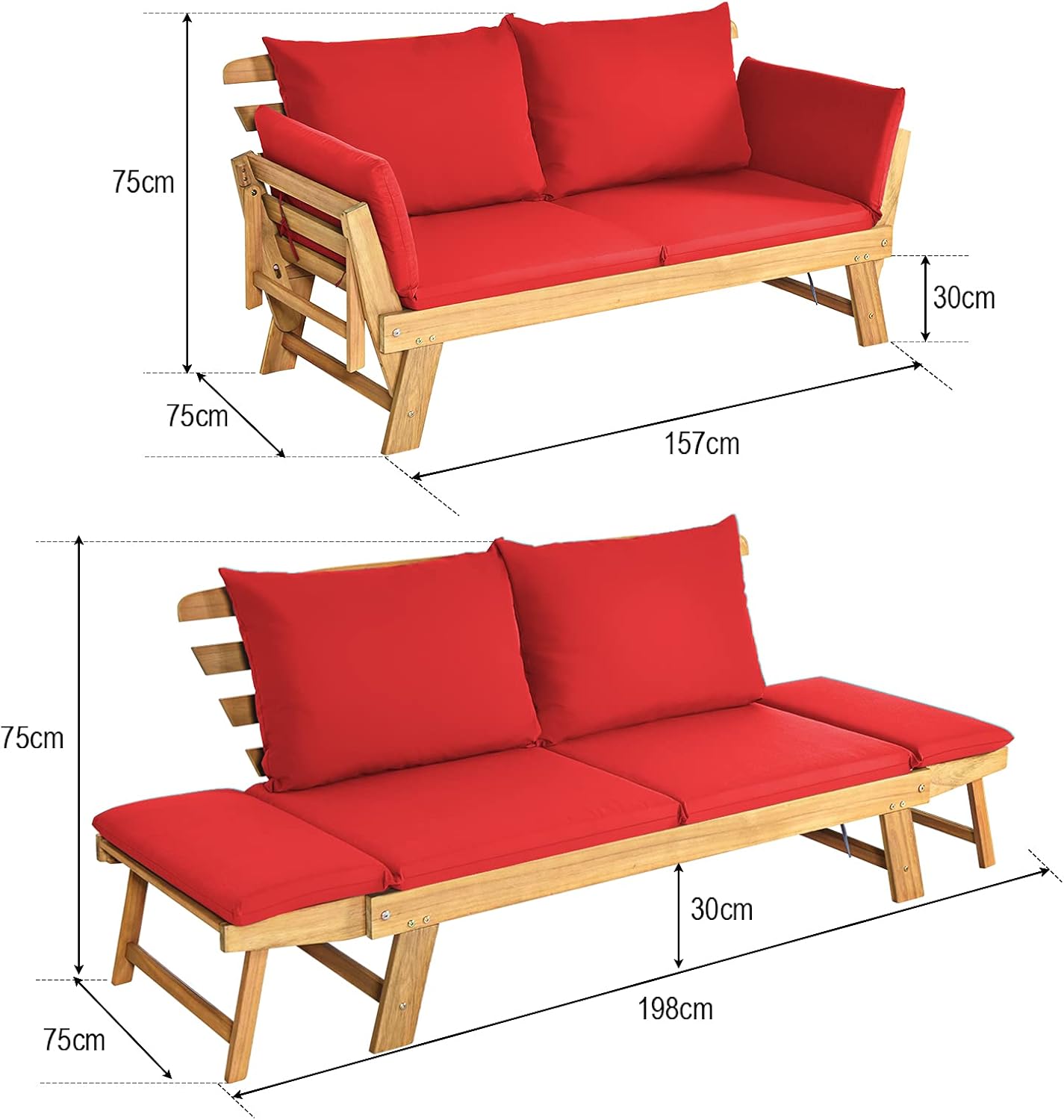 GYMAX 2 in 1 Outdoor Sofa 2 Seater Garden Sofa Bed with Cushion, Folding Wooden Garden Lounger with Adjustable Armrests, Garden Sofa Set, 157-198 x 75 x 75 cm (Red)