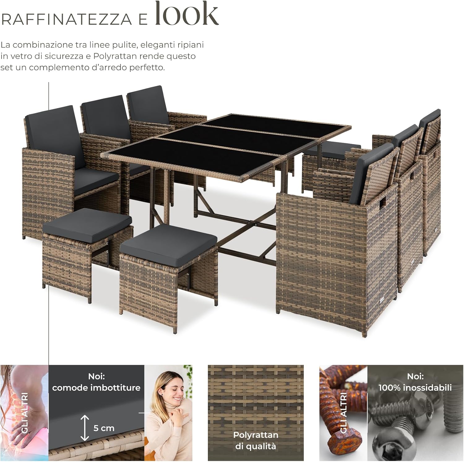 TecTake® Set in Poli Rattan, Set da Conversazione, Arredamento Giardino Elegante, 6 Sedie da Esterno, 1 Tavolo in Vetro, 4 Sgabelli, Ideale per Balcone, Giardino e Terrazzo - Naturale