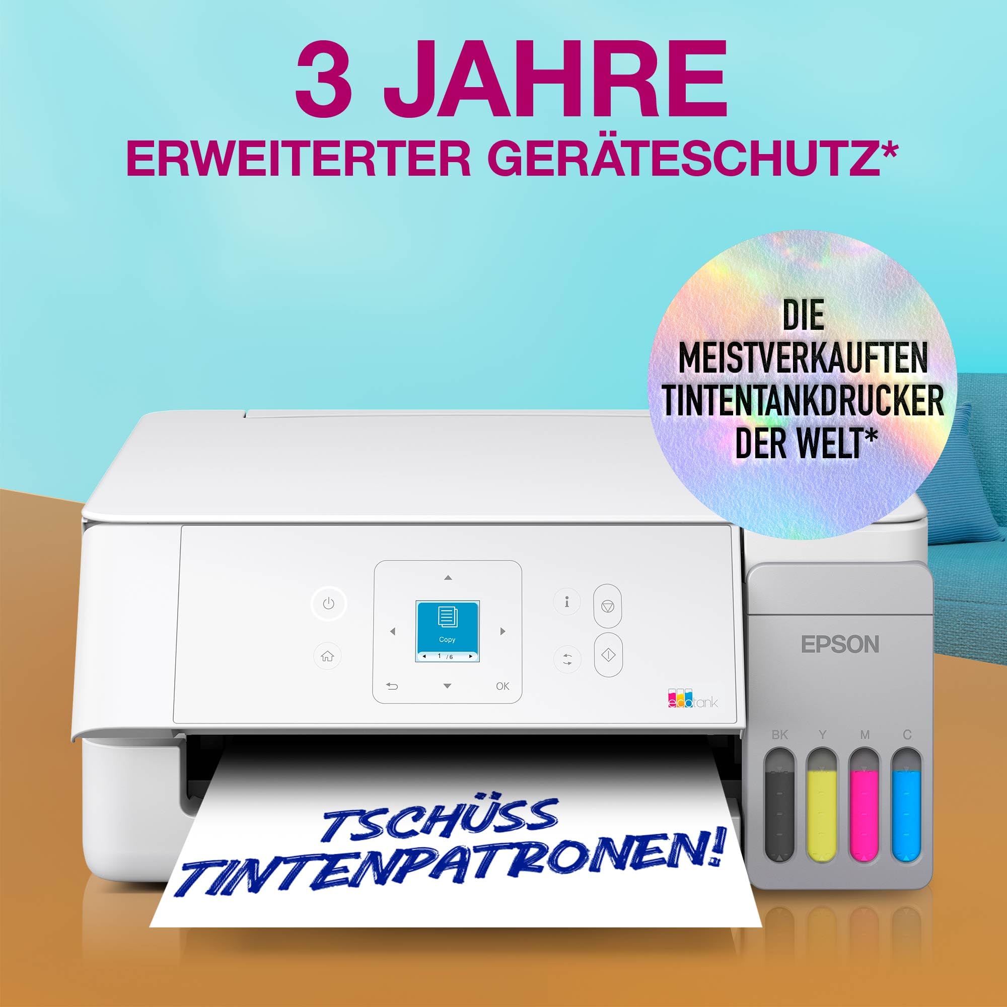 EcoTank ET-2926 Multifunktionsdrucker für Haushalte, WLAN, A4, Drucken, Kopieren, Scannen mit LC-Display und AirPrint, inklusive Tinte für bis zu 3