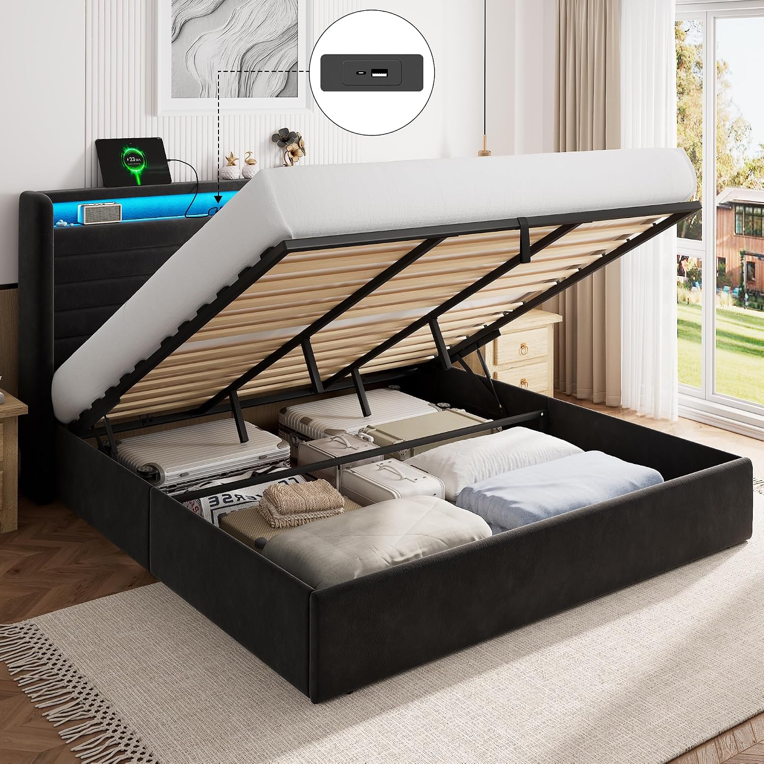 FEONASE Matratze, 180x200 cm, Dunkelgrau, Bett 180x200 mit Stauraum, Polsterbett mit LED-Beleuchtung & Ladestation