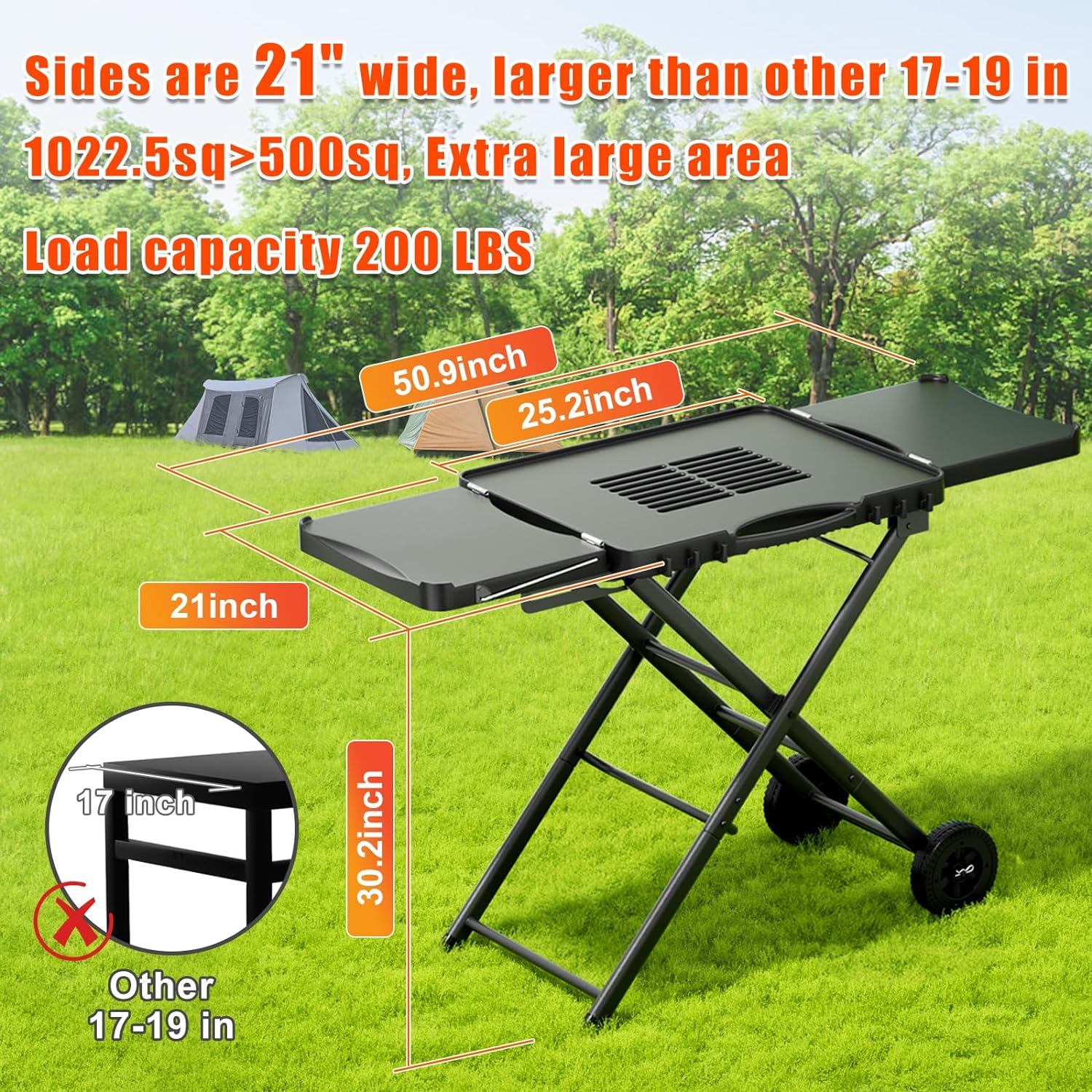 Portable Grill Cart for Outdoor Grills   Large Space Collapsible Stand with Side Shelf