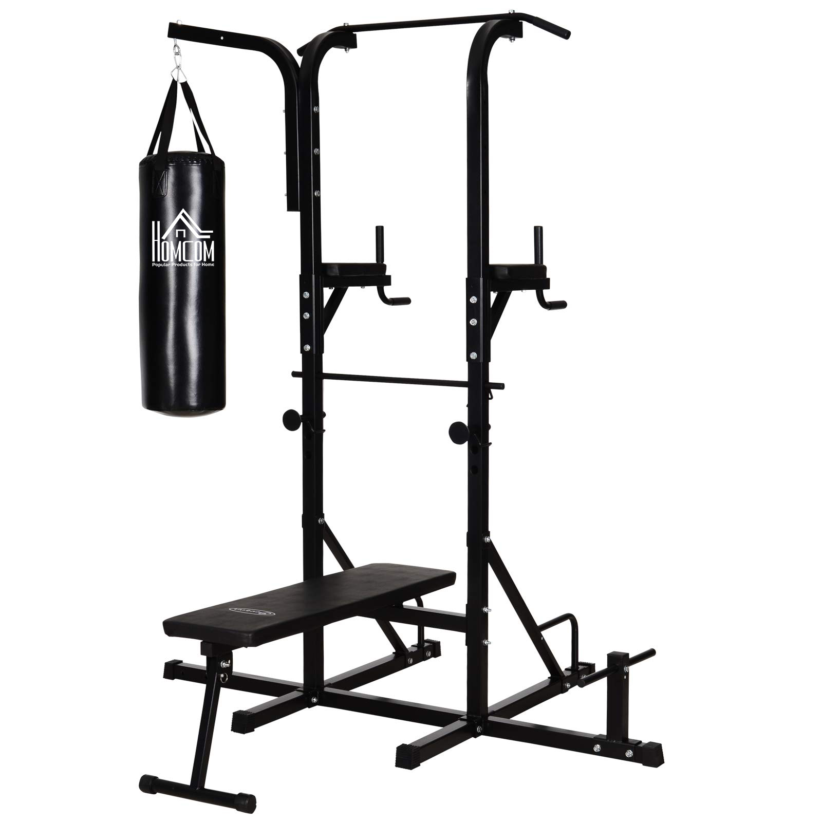 HOMCOM Kraftstation mit Klimmzugstange, Multifunktionale Dip-Station, Trainings-Gerät für Zuhause, mit Boxsack, Fitness, Stahl, Schwarz, 180 x 183 x 219 cm