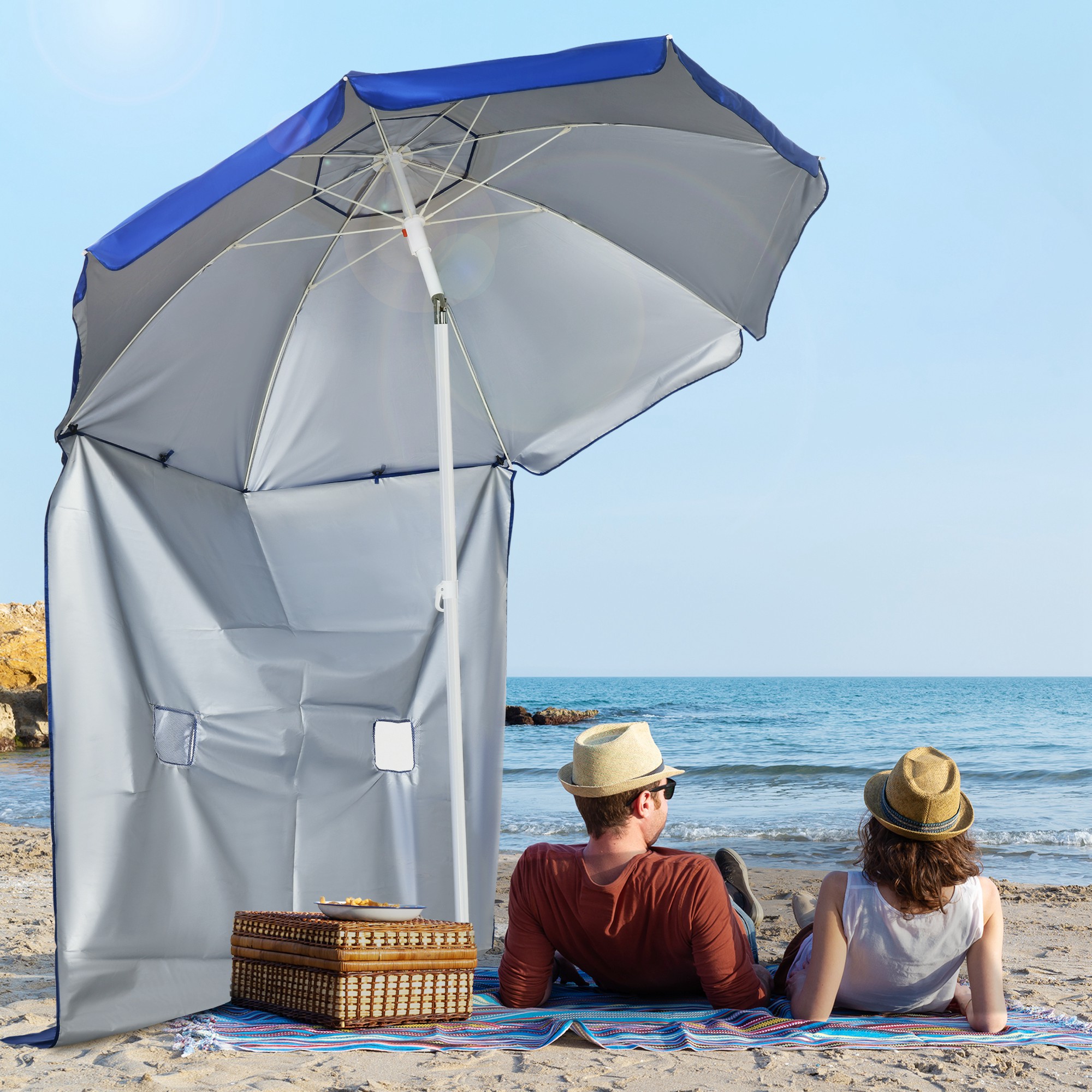 Outsunny Strandschirm mit Seitenwand, neigbar, 2 Taschen und 2 Fenster, inklusive Tragetasche, Ø191 x 211 cm, Blau+Weiß