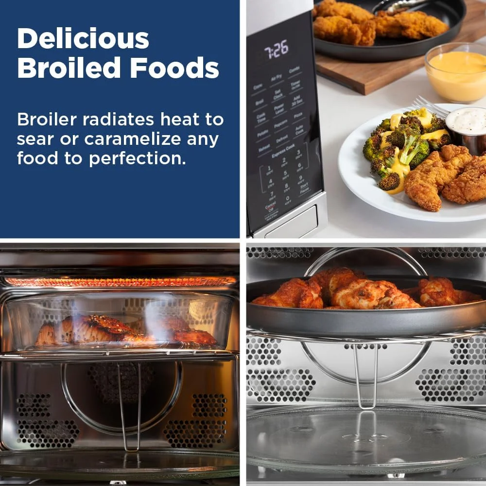 Open Box GE 3-in-1 Microwave Oven, 1,050 Watts Air Fryer, Broiler and Convection Mode, Child-Lock Technology, Kitchen Essentials for The Countertop or Dorm Room, 1.0 Cu. Ft., Stainless Steel