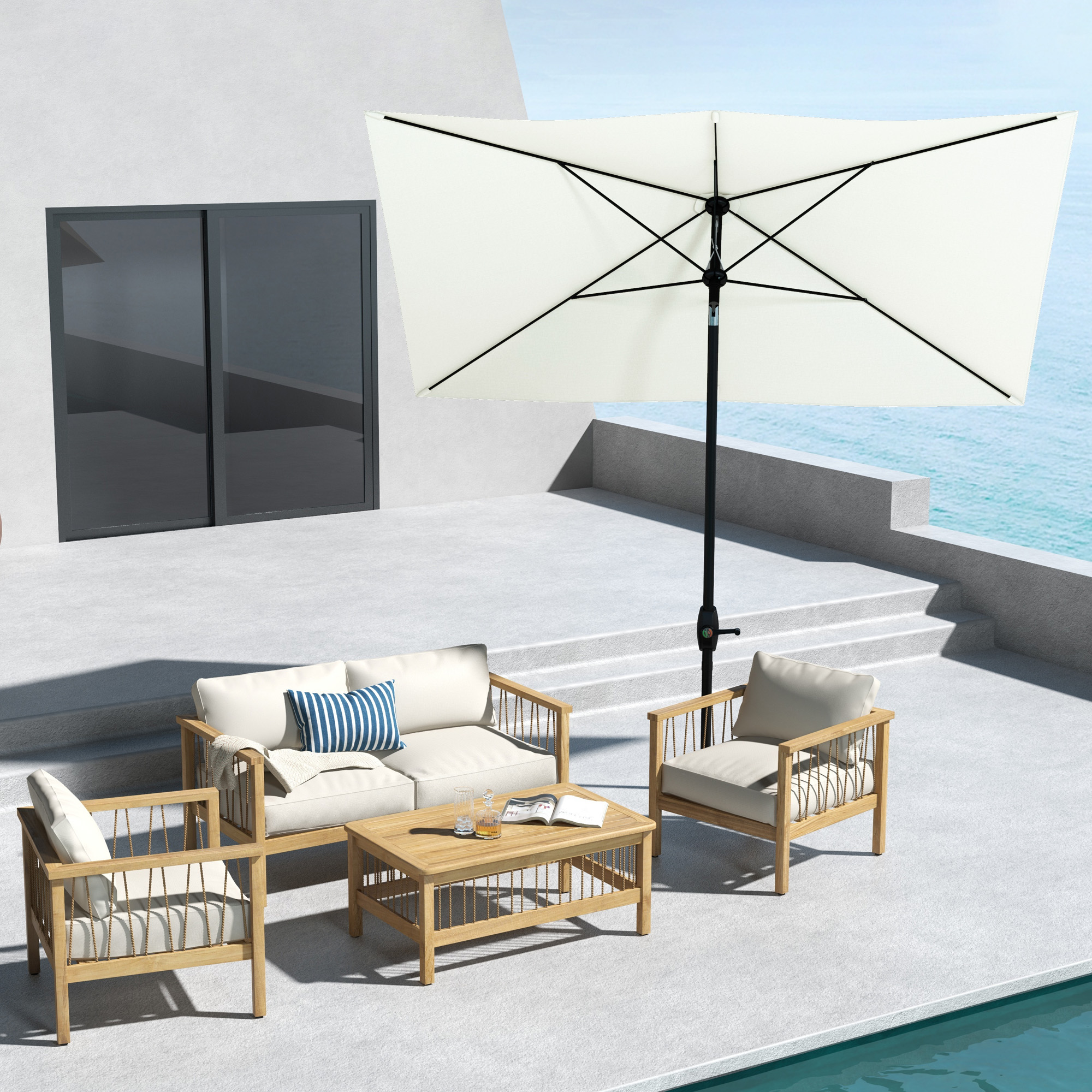 Outsunny Rechteckiger Sonnenschirm 2 x 3 m mit Kurbel, wasserabweisendes Polyestertuch 180 g/m² beige