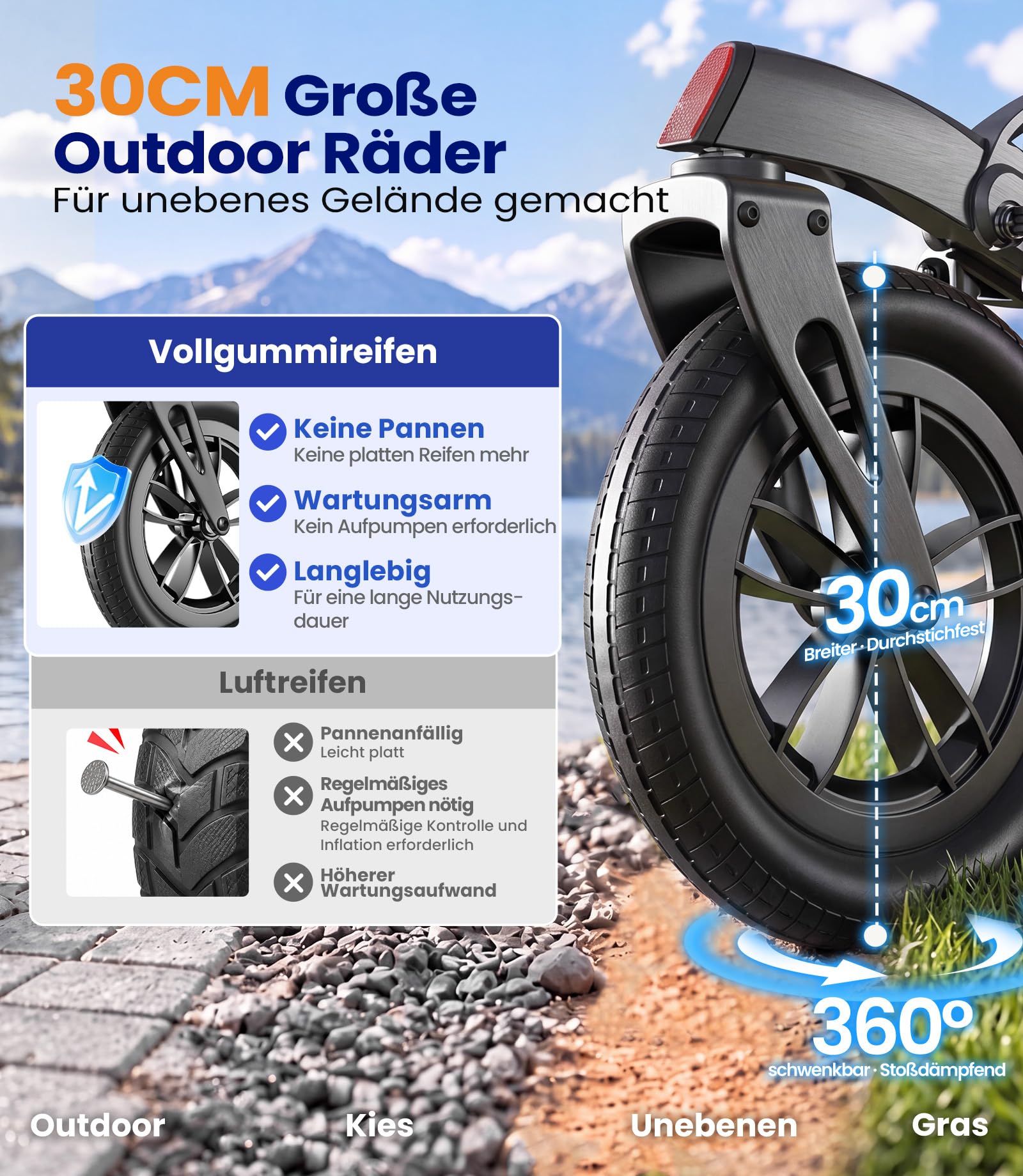 Leichter faltbarer Rollator mit Sitz und pannensicheren Gummi-Nonluftreifen, höhenverstellbar von 87 bis 102 cm, Aluminium, grau