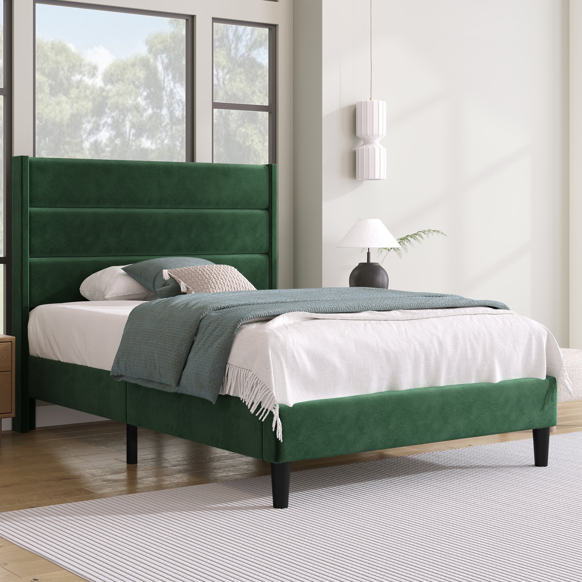 Einzelbett mit Lattenrost und Kopfteil, Bezug in Samtoptik, modernes Design, ohne Matratze, 90x200 cm, Grün