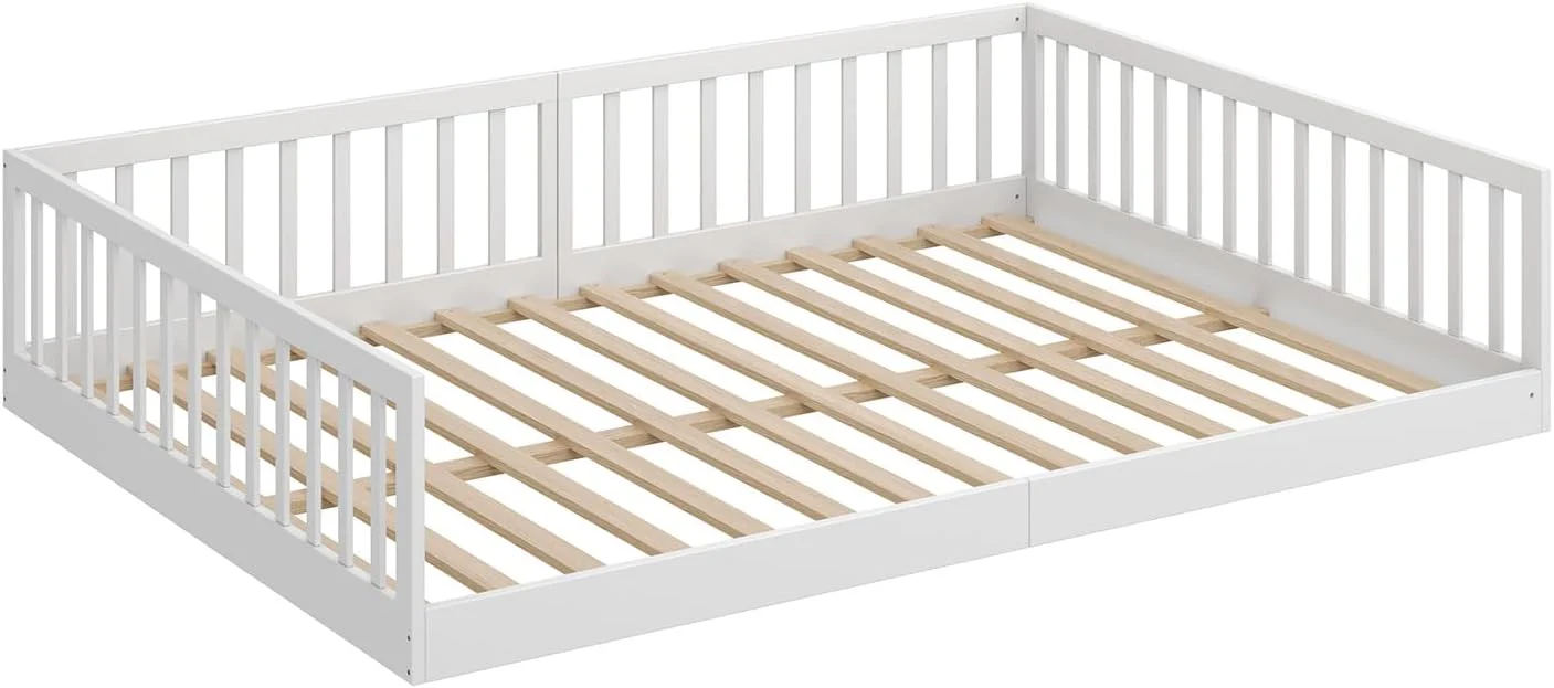 CADANI Timi 2-in-1 Vloerbed 140x200 cm Montessori Kinderbed met uitneembare valbeveiliging incl. lattenbodem, massief grenenhout, wit - 3 opbouwmogelijkheden, belastbaar tot 200 kg, ombouwbaar