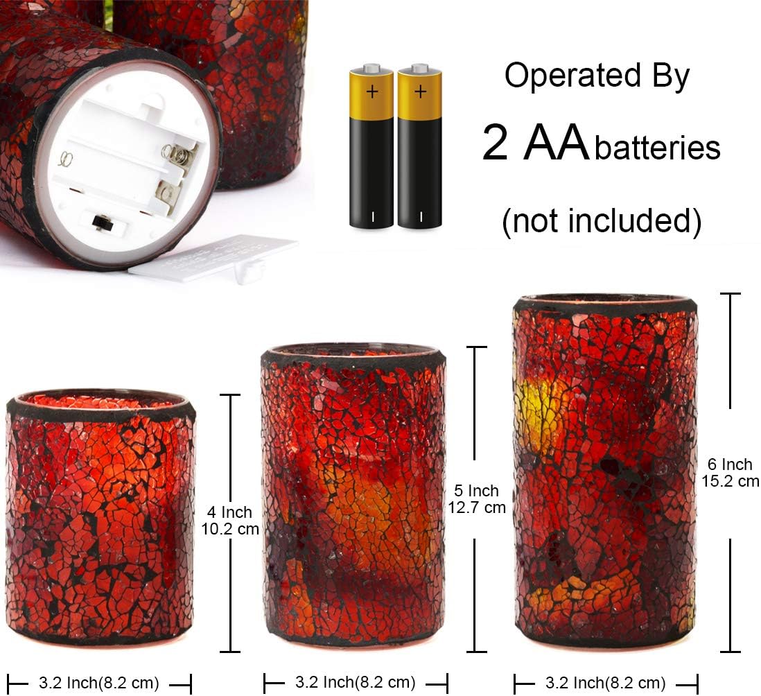 TELOSMA LED Mosaik flammenlose Kerze, rot gelb rissiges Glas Muster beweglicher Docht Stumpenkerze – Tafelaufsätze Kegelbett Kamin Herbst Dekor – Set von 3