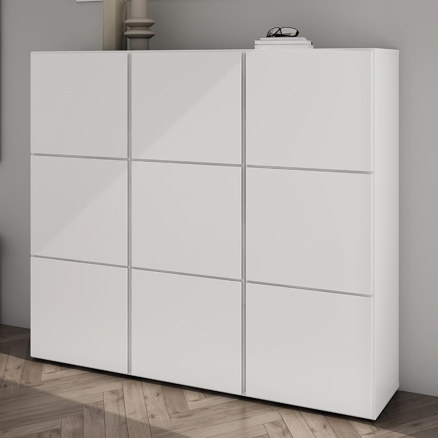 Mai & Mai Scarpiera da Ingresso 135x36x120cm, Armadio Scarpiera Portascarpe Salvaspazio con 9 Ante + 18 Scomparti per Soggiorno, Camera da Letto, Bianco Opaco, Schuhschrank02
