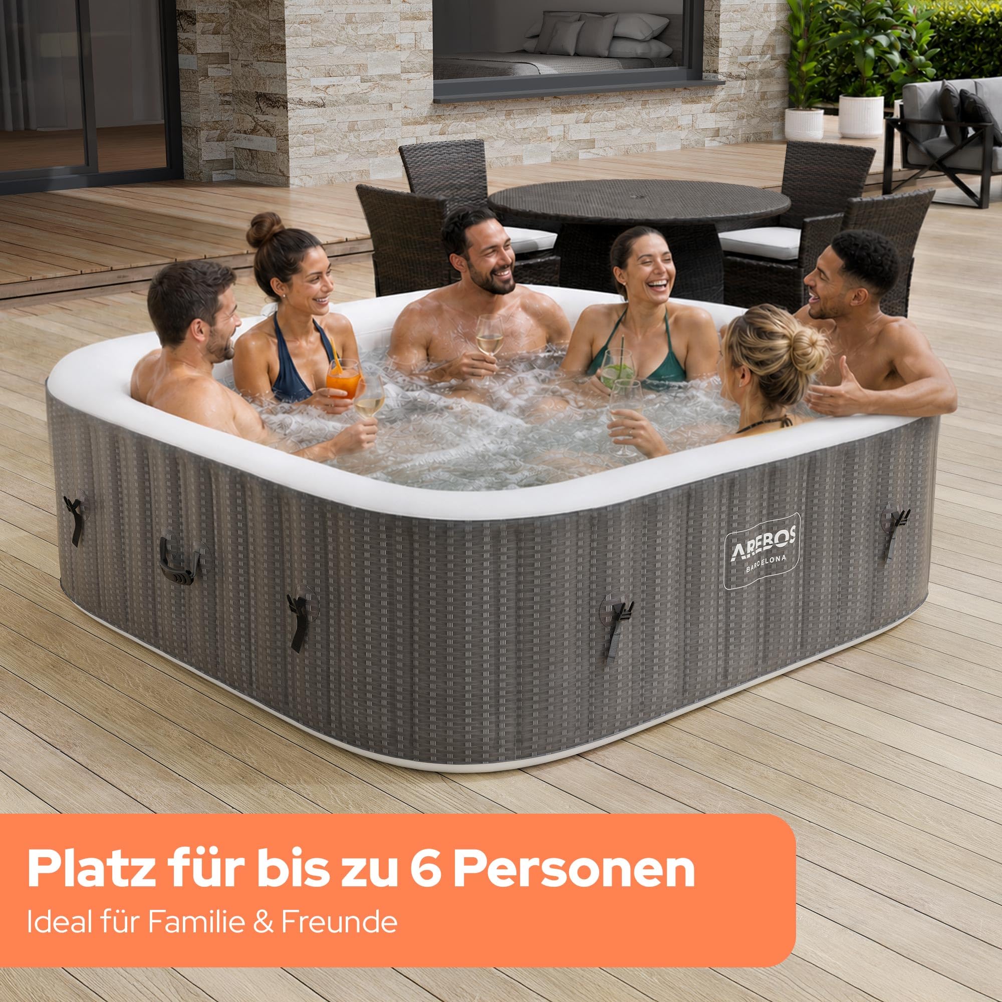 Whirlpool Spa für 6 Personen, 185 x 185 cm, 2400 W mit 130 Luftdüsen und Thermoabdeckung