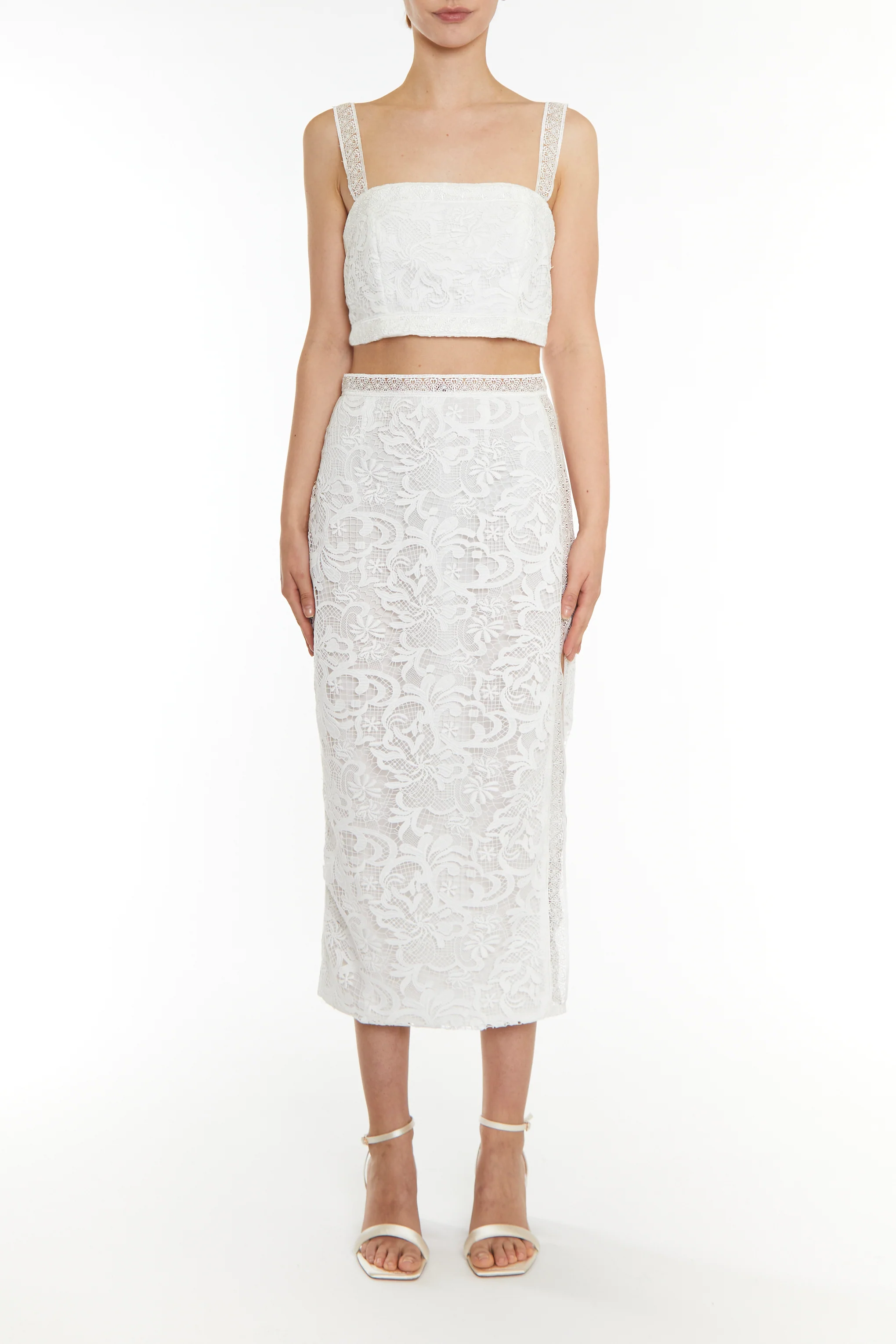 Celine Co-ord White Square-neck Lace Trim Crop Top