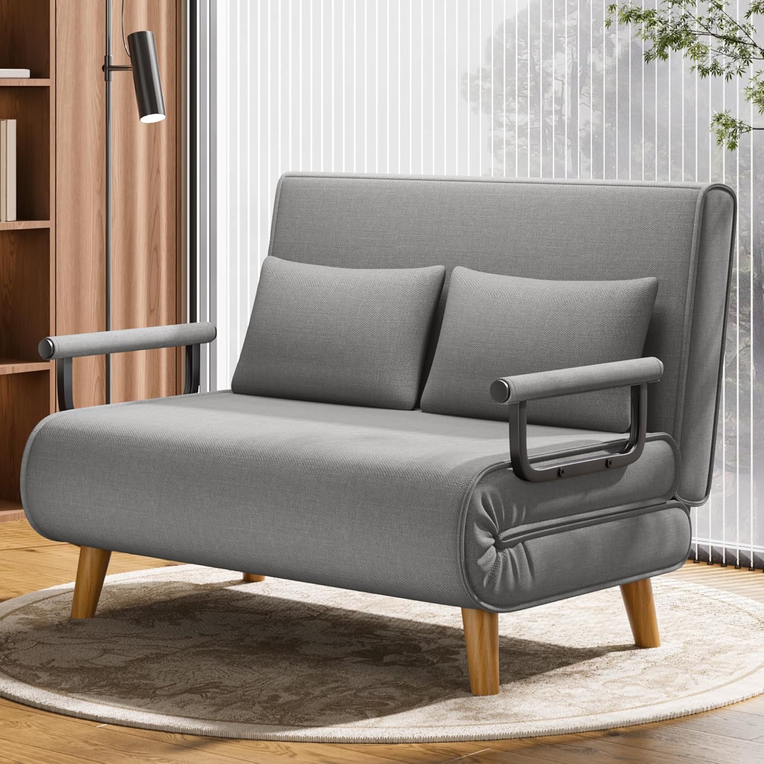 Xbro Divano letto a 2 posti con funzione letto, poltrona letto con schienale regolabile e 2 cuscini, poltrona con sonnolenza per piccolo appartamento (grigio chiaro)