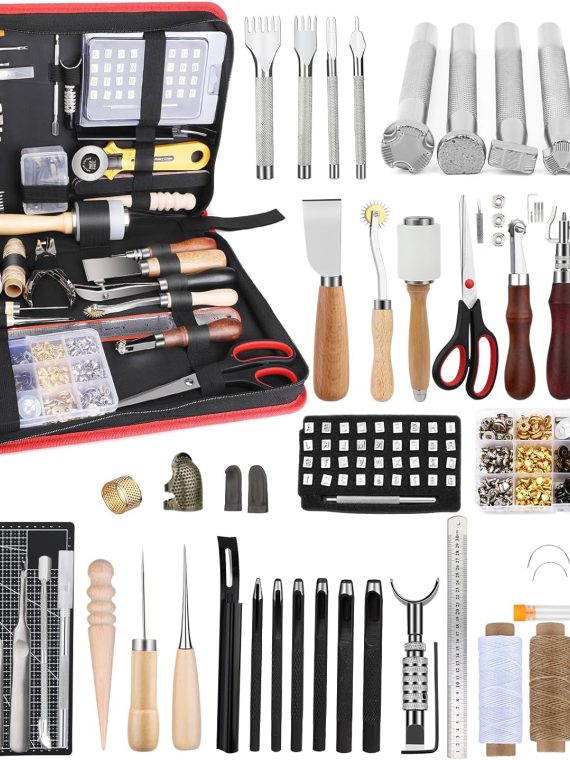 XXL Leather Tooling Kit &ndash; Professional Leather Craft Tools for Handbag Making: Cutting Mats, Engraving, Punching, Sewing, Stamping, Sanding