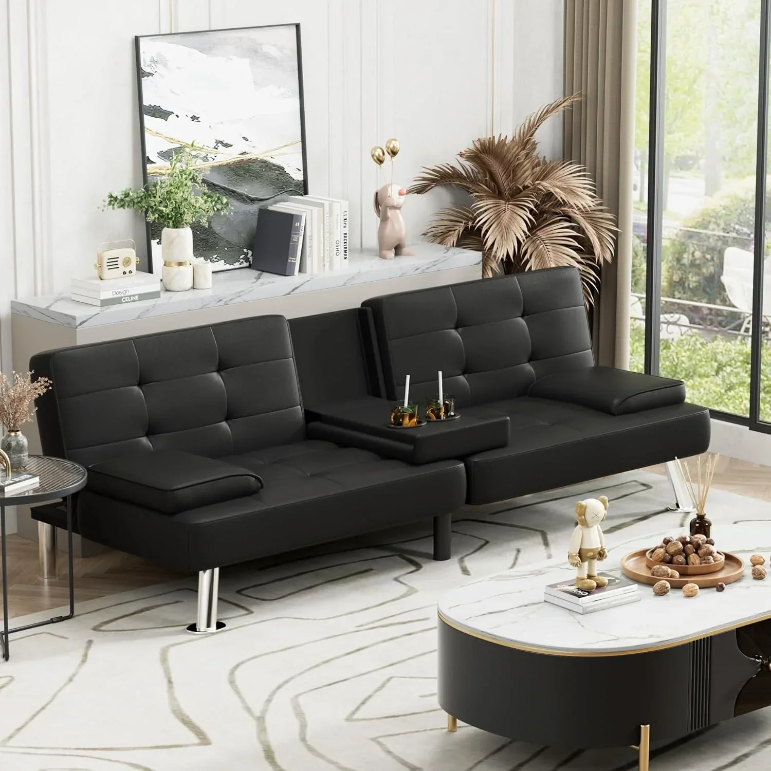 Homall Futon Sofa Bed Leather Futon Couch with Armrests Adjustable Recliner Sleeper Sofa Bed