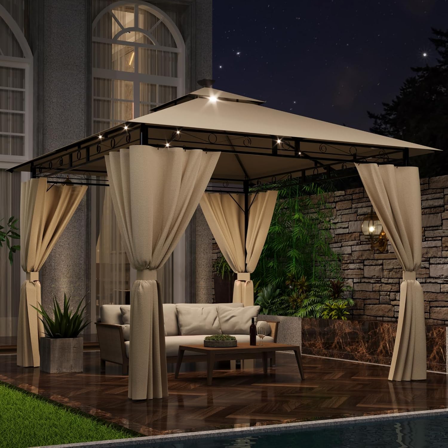 3 x 3 Waterproof Cold Proof Gazebo Garden Gazebo with Metal Frame, Patio Gazebos, Beige