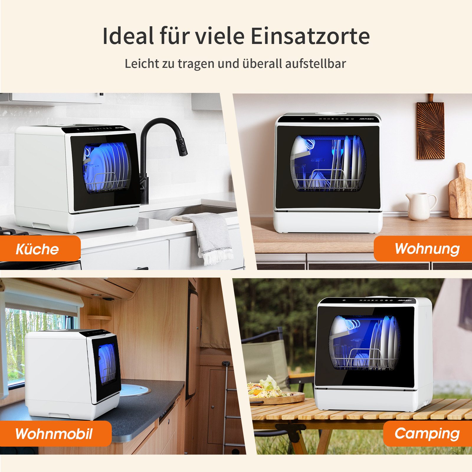 Tischgeschirrspüler TDQR03A Mini Geschirrspüler mit 5L Wassertank und 6 Spülprogramme, Hochtemperatur-Trocknung