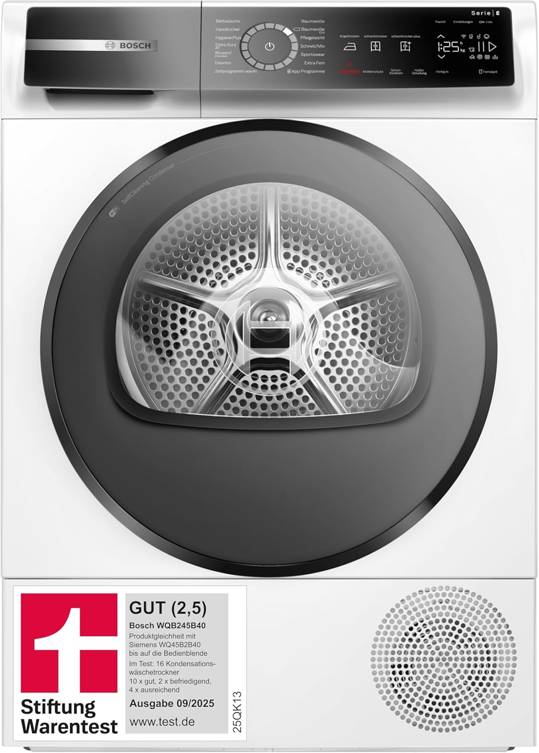 Bosch WQB245B40, Stiftung Warentest GUT (2,5) , Serie 8 Smarter Wärmepumpentrockner 9 kg, AutoDry Sensorgesteuerte Trocknung, SmartDry Programmautomatik, LED-Display, Selbstreinigender Kondensator