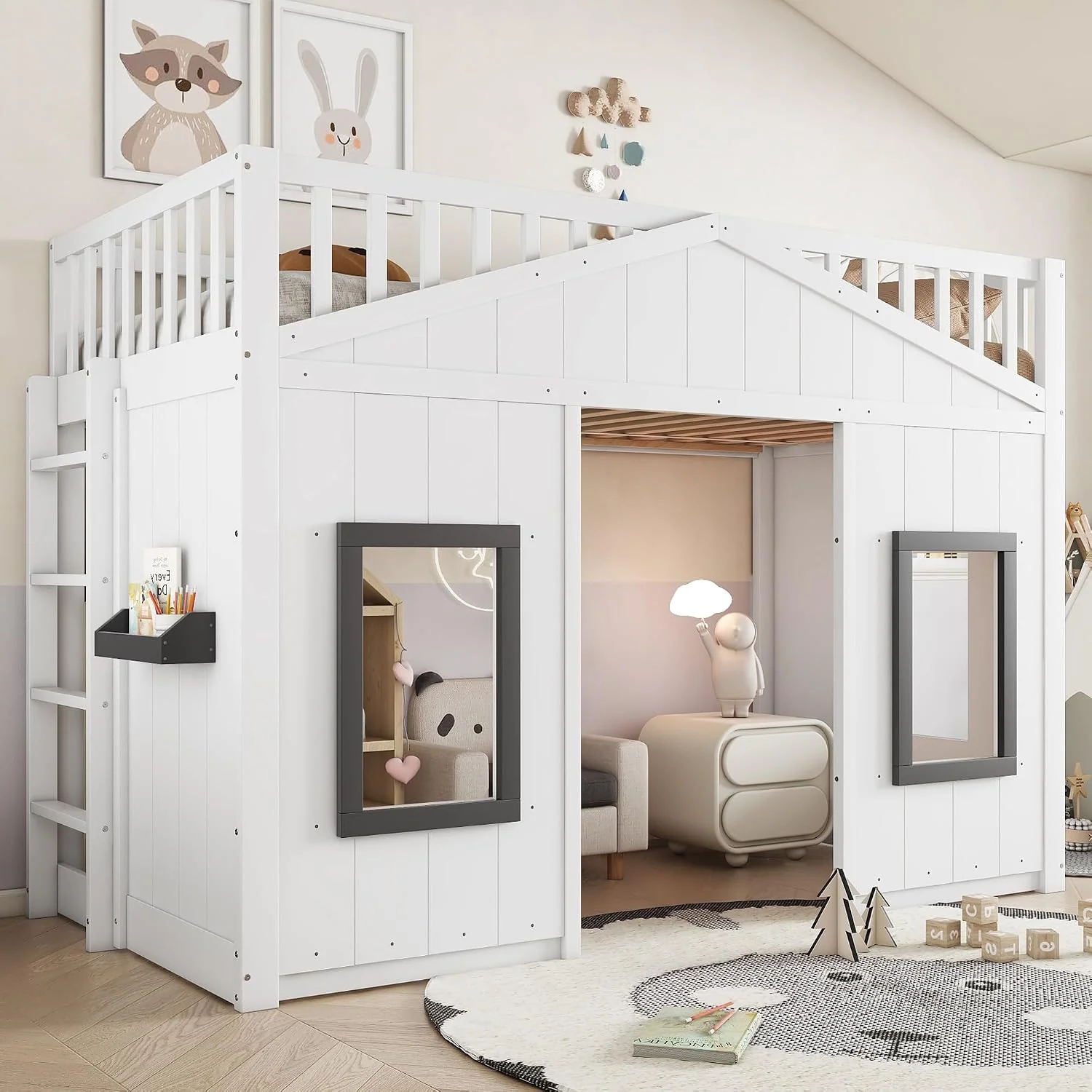 Kinderbett Etagenbett 90x200, Ohne Matratze, Hausbett Hochbett mit Fenster & Regal, Bettgestell mit Rausfallschutz und Lattenrost, Kiefernholz, Weiß