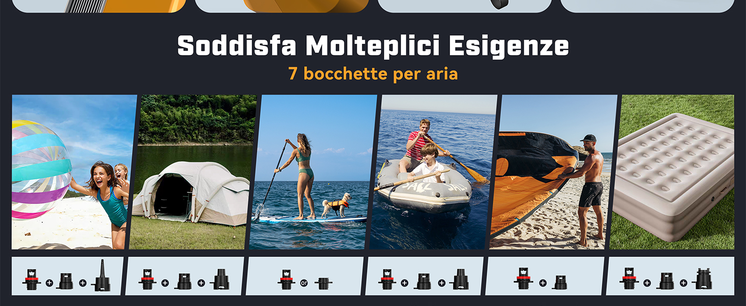 Infografica del prodotto che mostra sei scene di attività all'aperto con scenari di campeggio, sport acquatici e relax, ognuna con icone sottostanti che indicano scenari di utilizzo