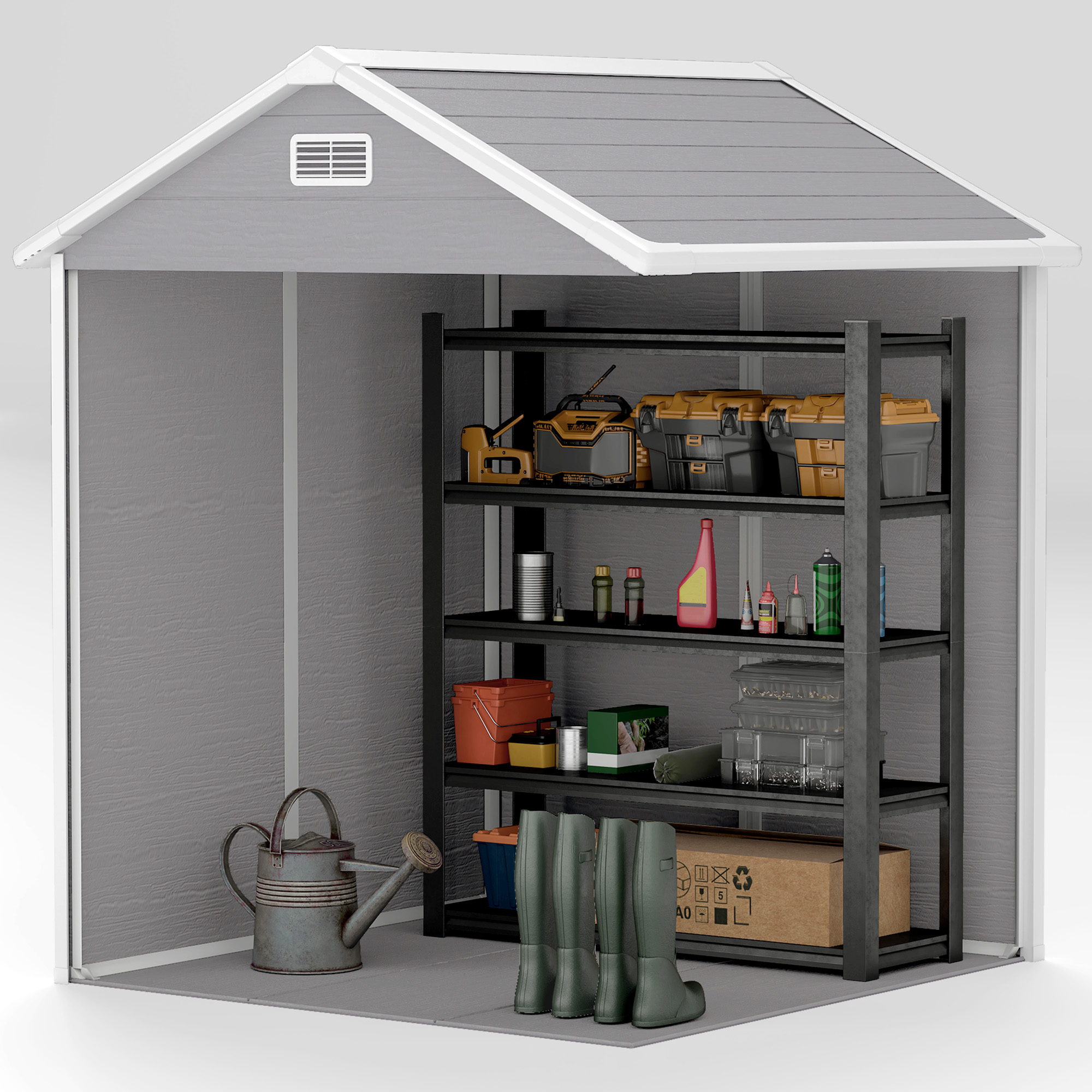 Outsunny Tuinschuur, Gereedschapsschuur met Bodem, Afsluitbare Deuren, Ventilatieopeningen, Venster, Houtlook, Kunststof, Grijs