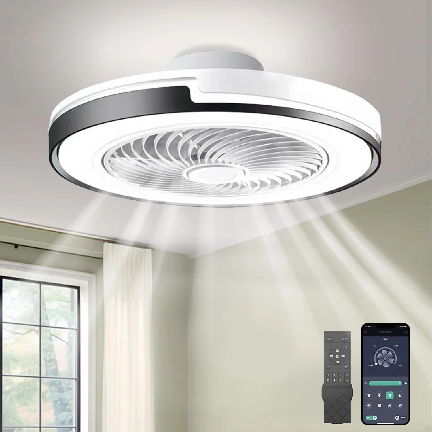 LED Deckenventilator mit Beleuchtung Leise 6 Windstufen, (Schwarz，50cm), lampe mit ventilator, APP