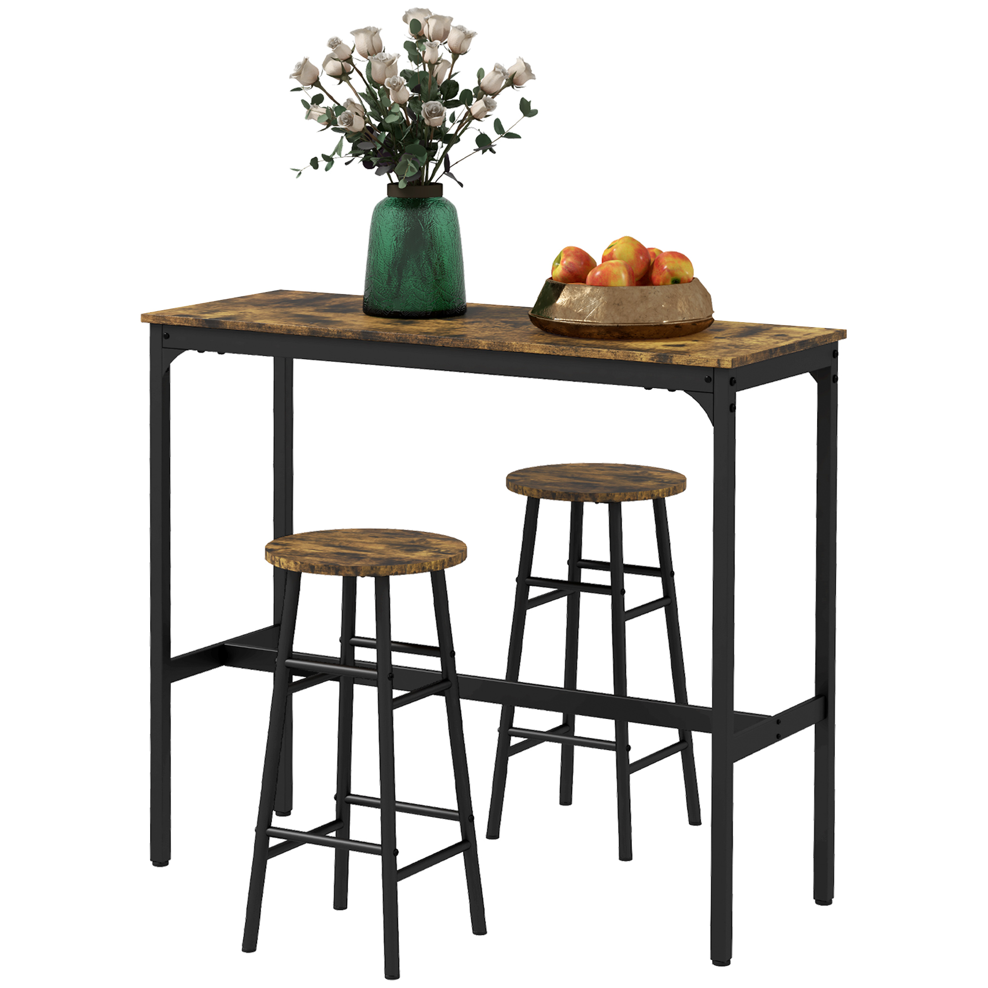 HOMCOM Bartisch mit 2 Stühlen im Industriedesign 2er-Set Barhocker mit Tisch, Industriedesign, 3-teilig, Braun + Schwarz