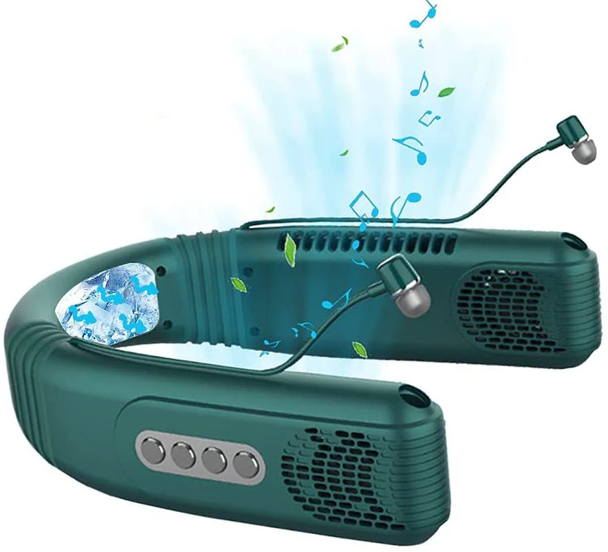 AQUYY Ventilador Silencioso de Cuello con Auriculares Inalámbricos Bluetooth, Recargable por USB, Sin Aspas, Mini Enfriador Portátil de Semiconductores con 3 Velocidades, Manos Libres, para Correr, Acampar, Viajar – Verde (para Mujeres y Hombres)