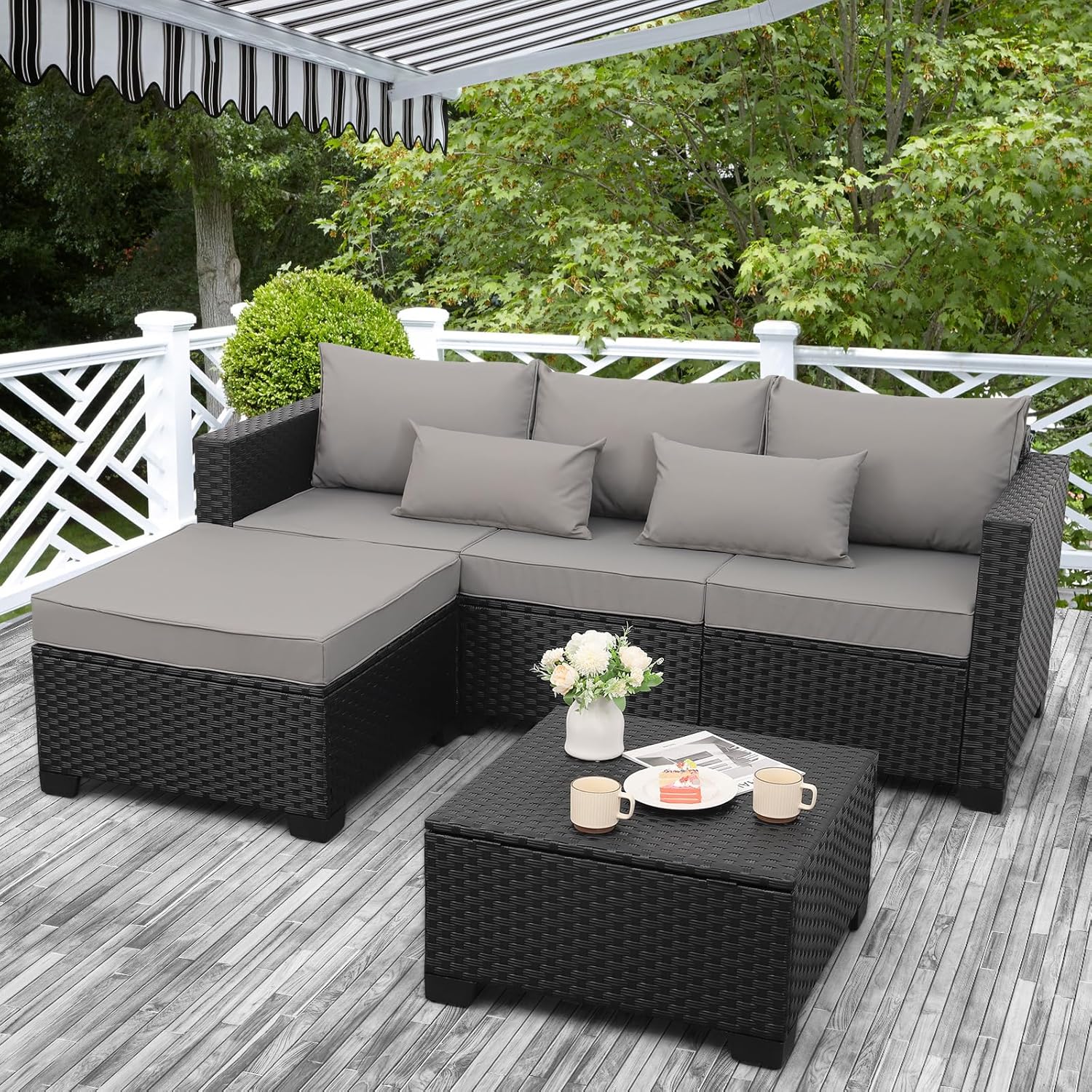 3 Pieces Patio Furniture Set Outdoor Sectional Wicker Patio Furniture Patio Couch with Ottoman and Outdoor Storage Table All-Weather Anti-Slip Cushions Waterproof Covers  Light Grey