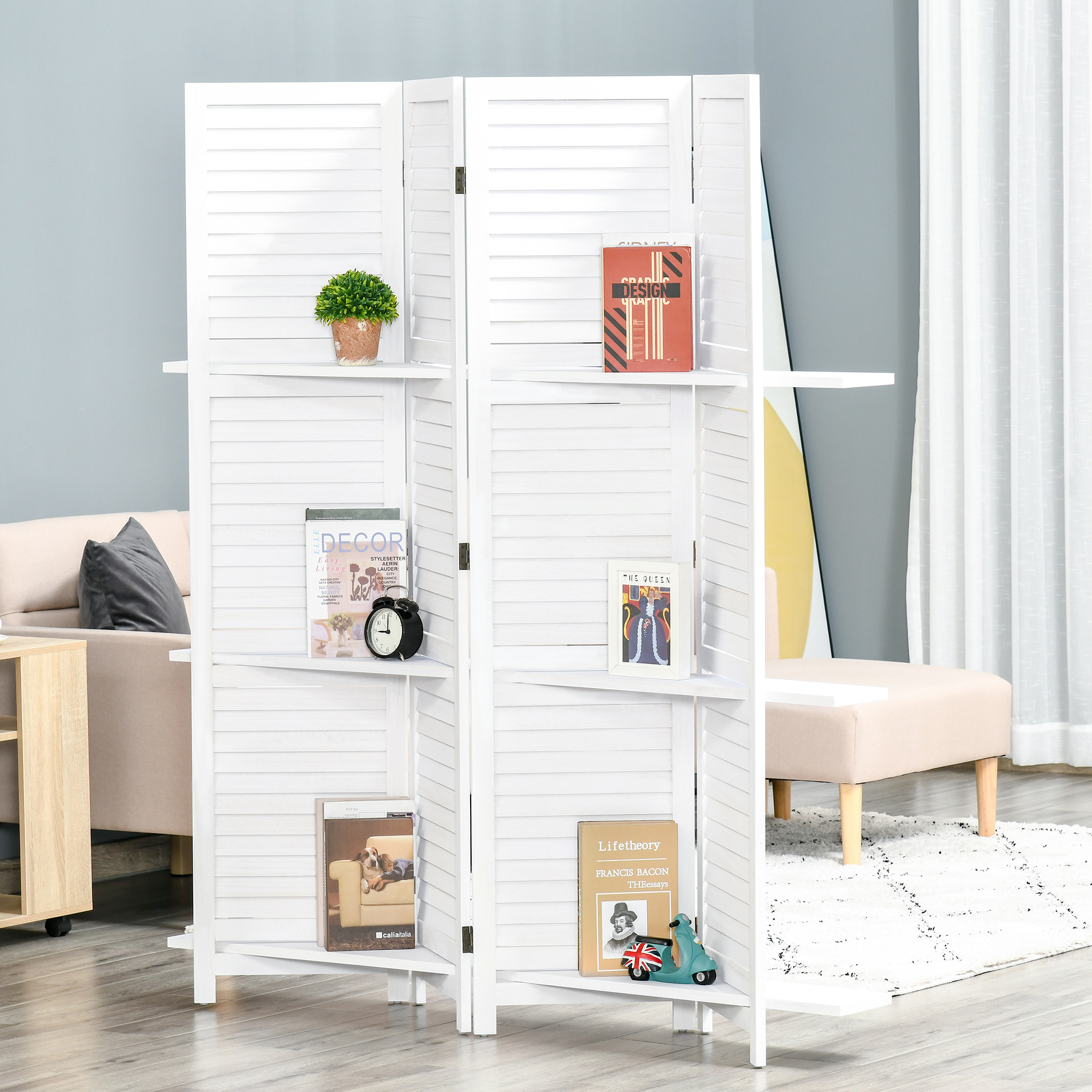 HOMCOM Innenraum-Paravent 4 Paneele 160L x 170H cm 3 Regale Faltbarer Raumteiler Jalousietüren Paulownia-Holz Weiß