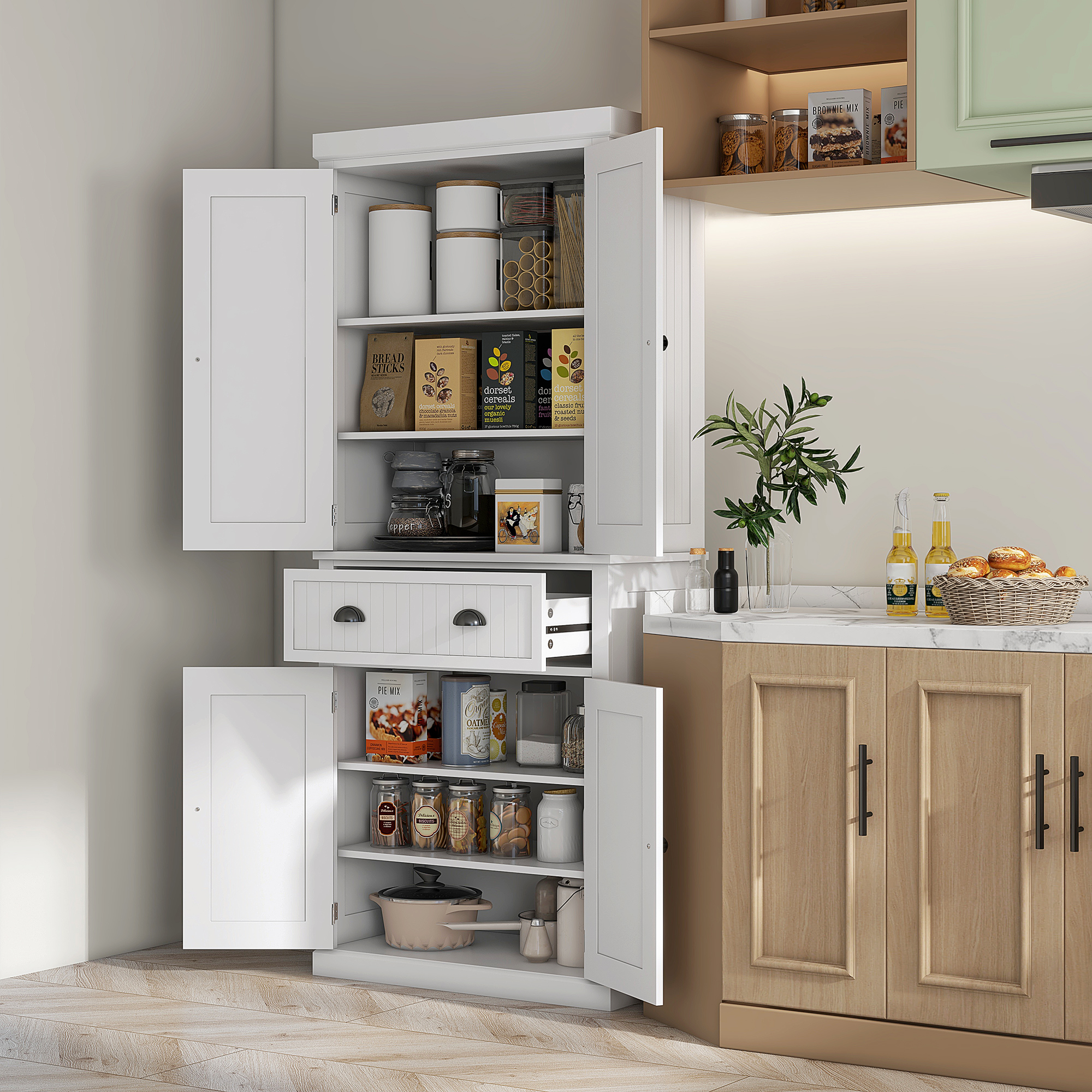 HOMCOM Küchenschrank Buffet Küche Mehrzweckschrank verstellbare Regale 4 Türen und große Schublade 76 x 40 x 183 cm weiß