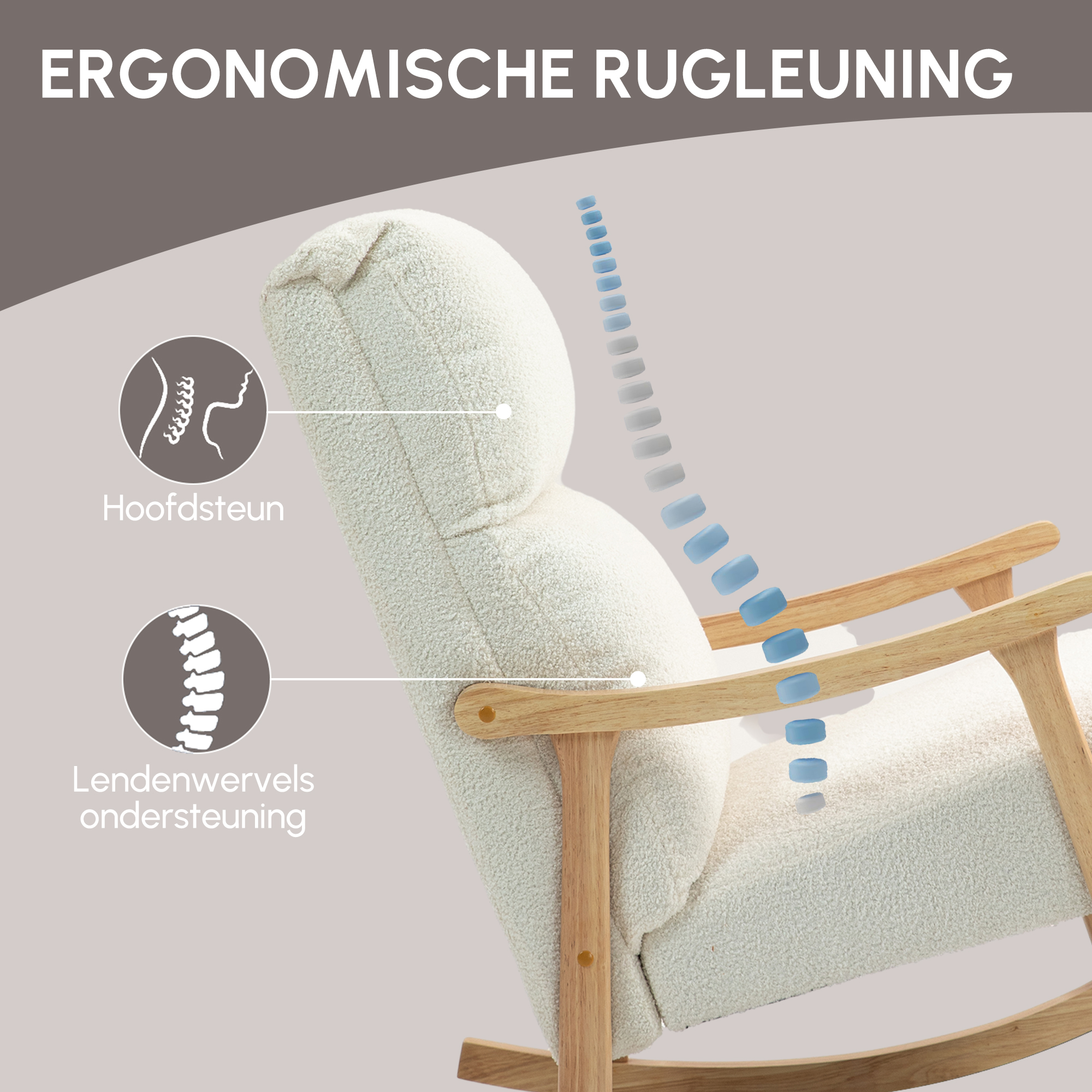 Schommelstoel met Fluweelachtige Bekleding, Ergonomische Rugleuning, Belastbaar tot 120 kg, 65B x 90T x 98H cm, Roomwit