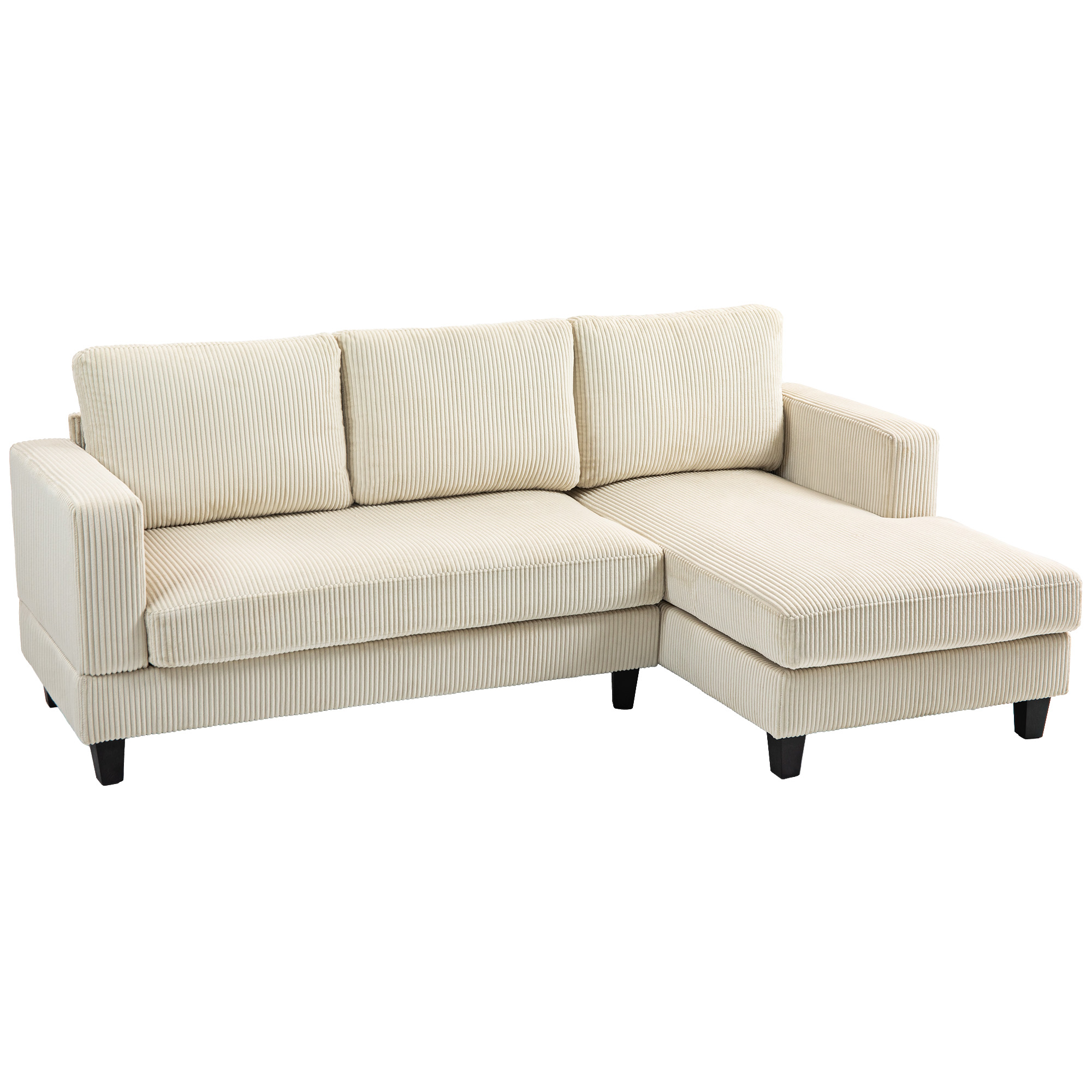 HOMCOM Ecksofa aus Rippvelours, 3-Sitzer Sofa mit Ottomane und dick gepolstertem Federkissen, Breite 214 cm, Beige