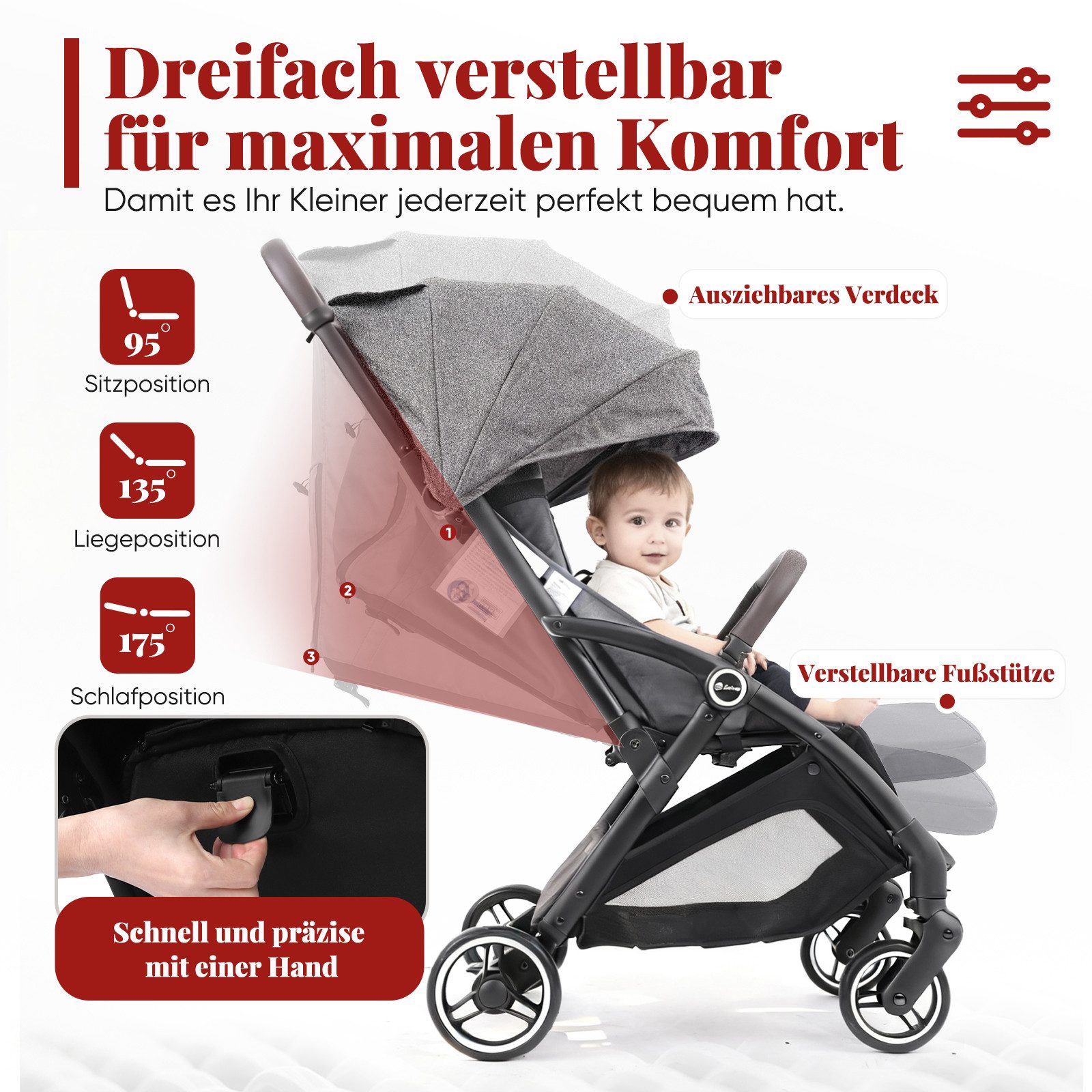 Kinder-Buggy mit Regenschutz, 3-fach verstellbar Reise Kinderwagen für Flugzeug