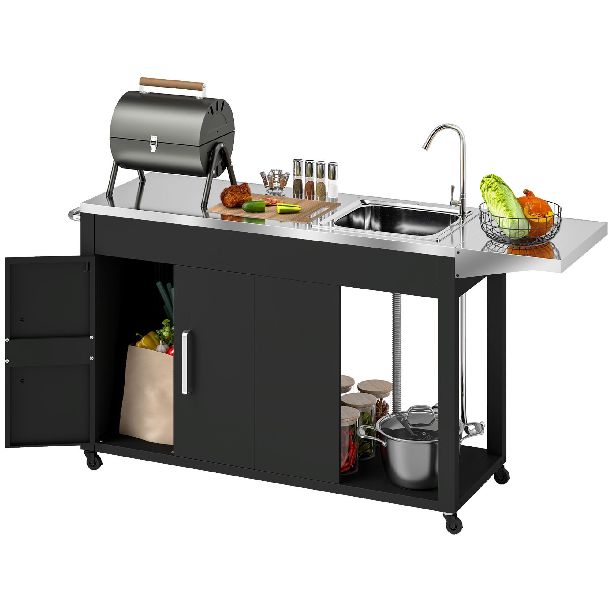 Outsunny Grillwagen Serveerwagen met Werkblad, Uitklapbare Zijplank, Kast, Spoelbak, Wielen, Roestvrij Staal 162,5x47x87cm Zwart