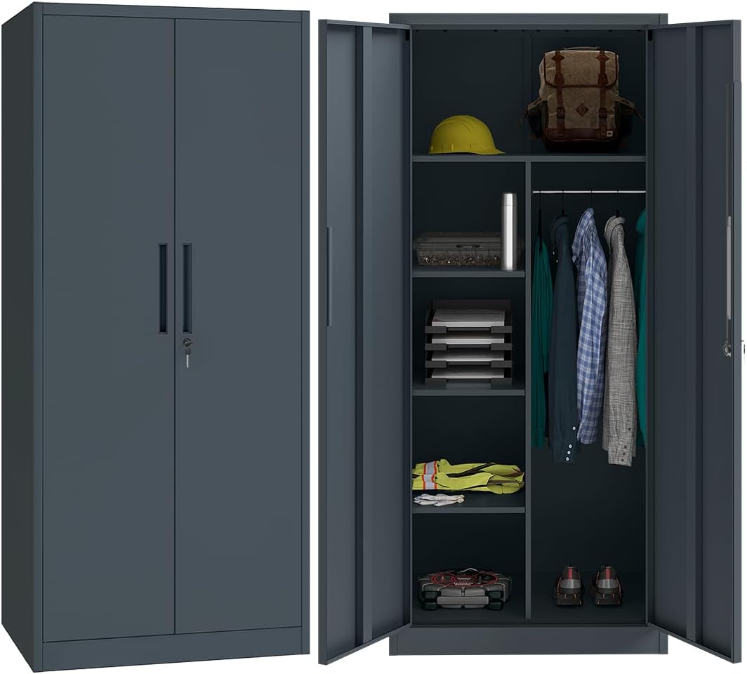 STEELSØN Regulus Metallschrank abschließbar – Garderobenschrank mit 6 Fächern und 1 Kleiderstange – Spind Schrank mit Doppeltüren – Mehrzweckschrank Anthrazit – Kleiderschrank Metall 175x40x80 cm