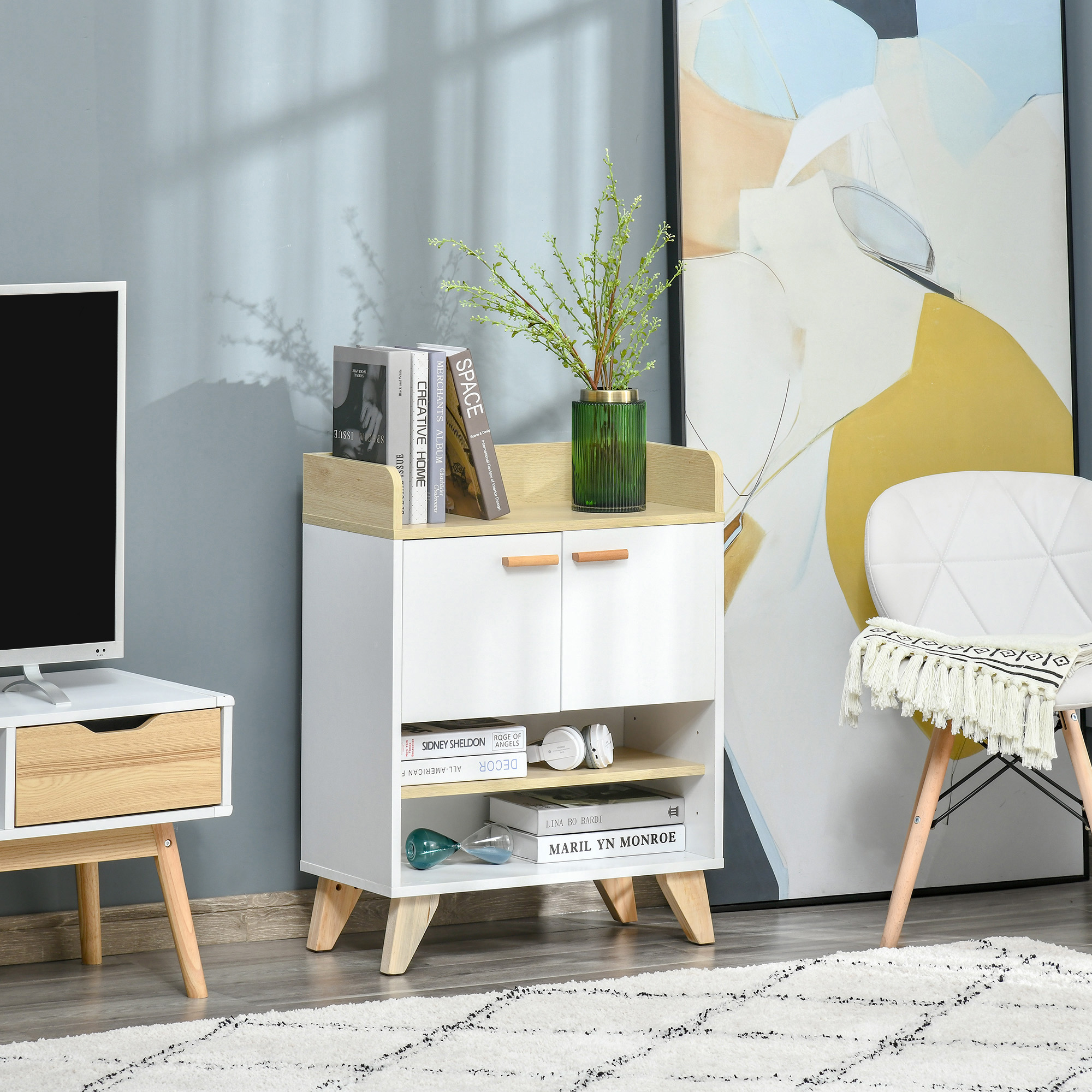 HOMCOM Mehrzweckschrank mit Schrank und offenen Regalen, Wohnzimmer-, Küchen- und Büromöbel aus weißem Holz, 60x30x78cm