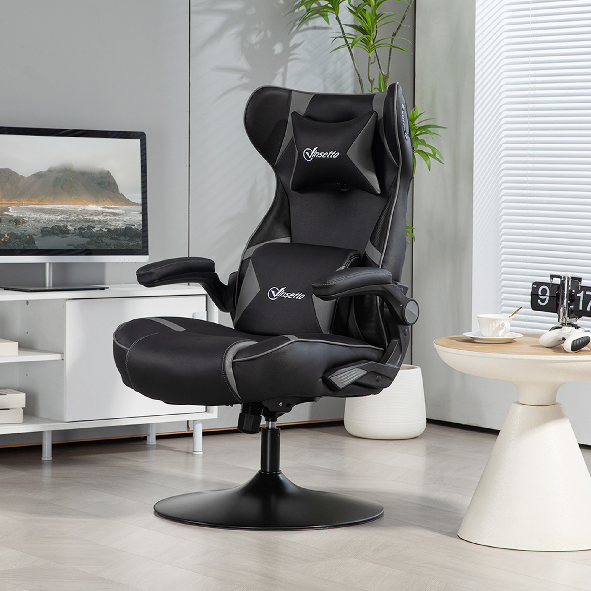 Vinsetto Gaming Stuhl mit Schaukelfunktion und Lautsprecher, Lenden- und Nackenstütze, für Spielzimmer, Kunstleder, Grau+Schwarz